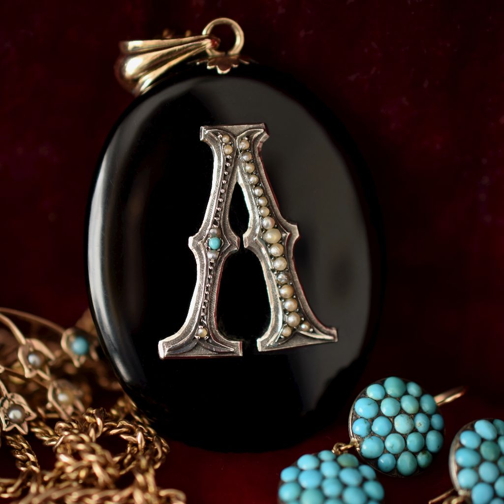 Victorian Mourning Locket Enamel, 15ct Gold, Silver, Seed Pearl, Turquoise circa 1890