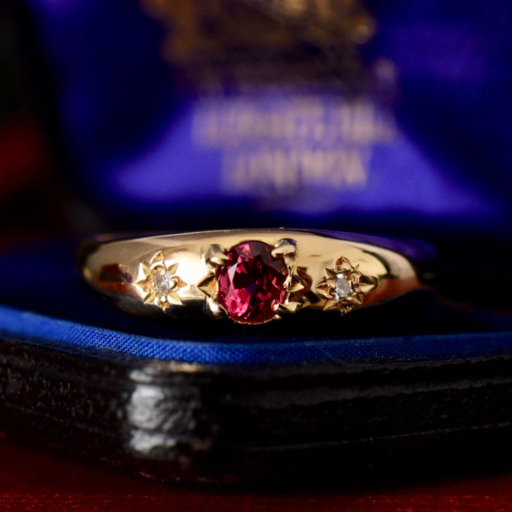 Vintage 18ct Yellow Gold Natural Ruby And Diamond Gypsy Ring