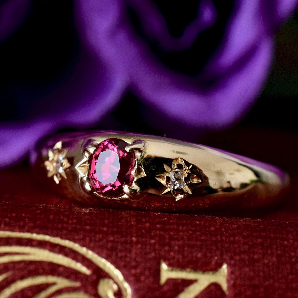 Vintage 18ct Yellow Gold Natural Ruby And Diamond Gypsy Ring