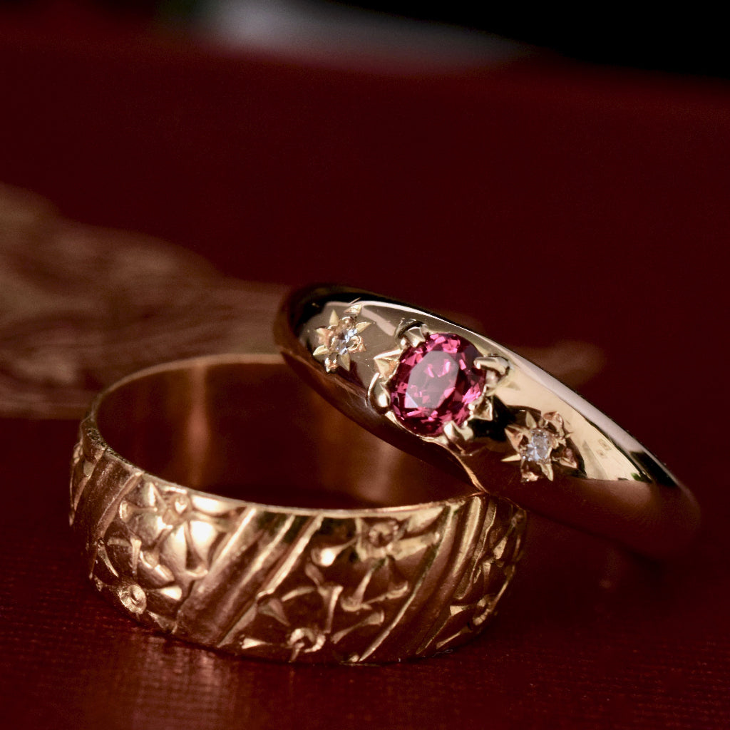 Vintage 18ct Yellow Gold Natural Ruby And Diamond Gypsy Ring