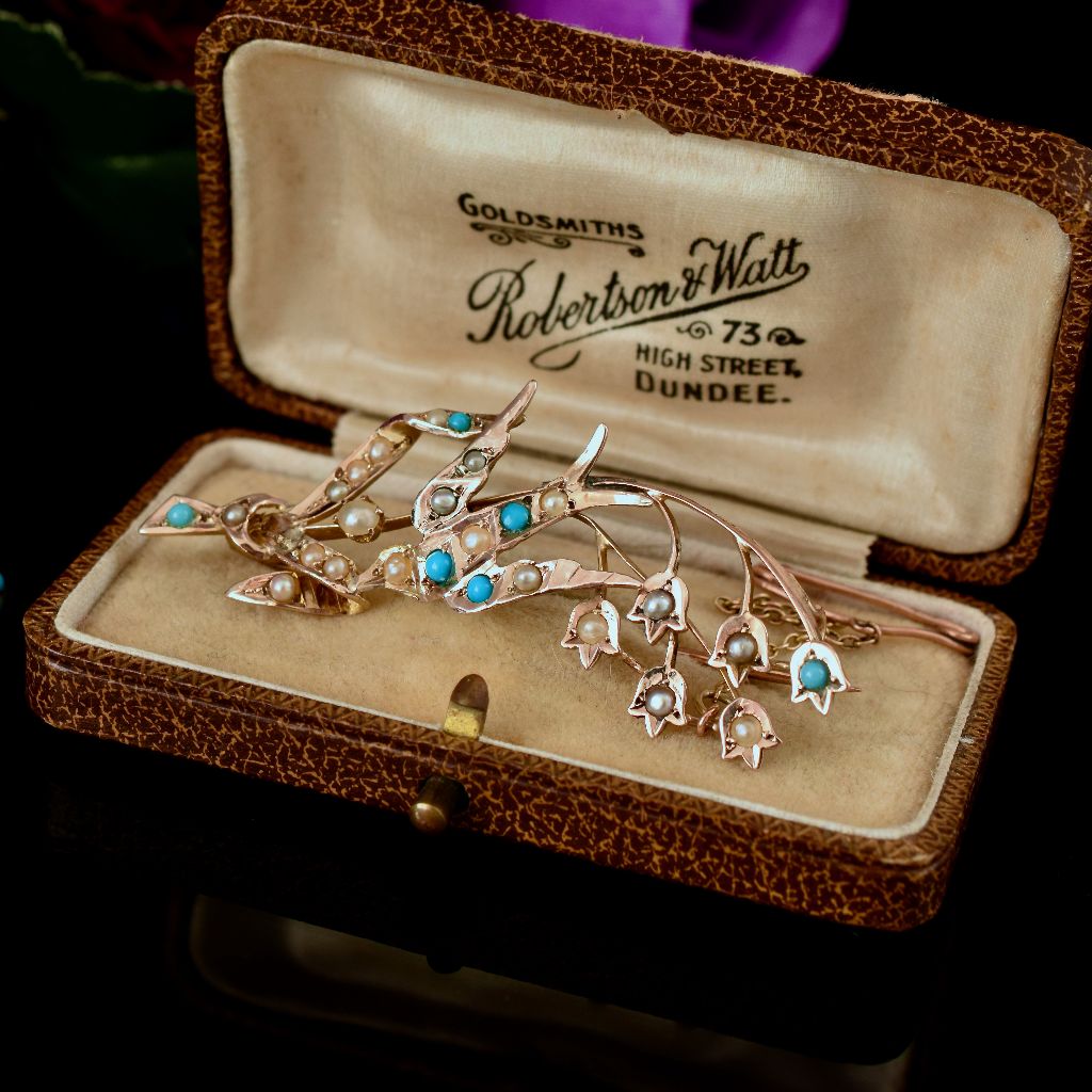 Antique 9ct Rose Gold Pearl Turquoise ‘Swallow’ Brooch by Willis and Sons Circa 1910