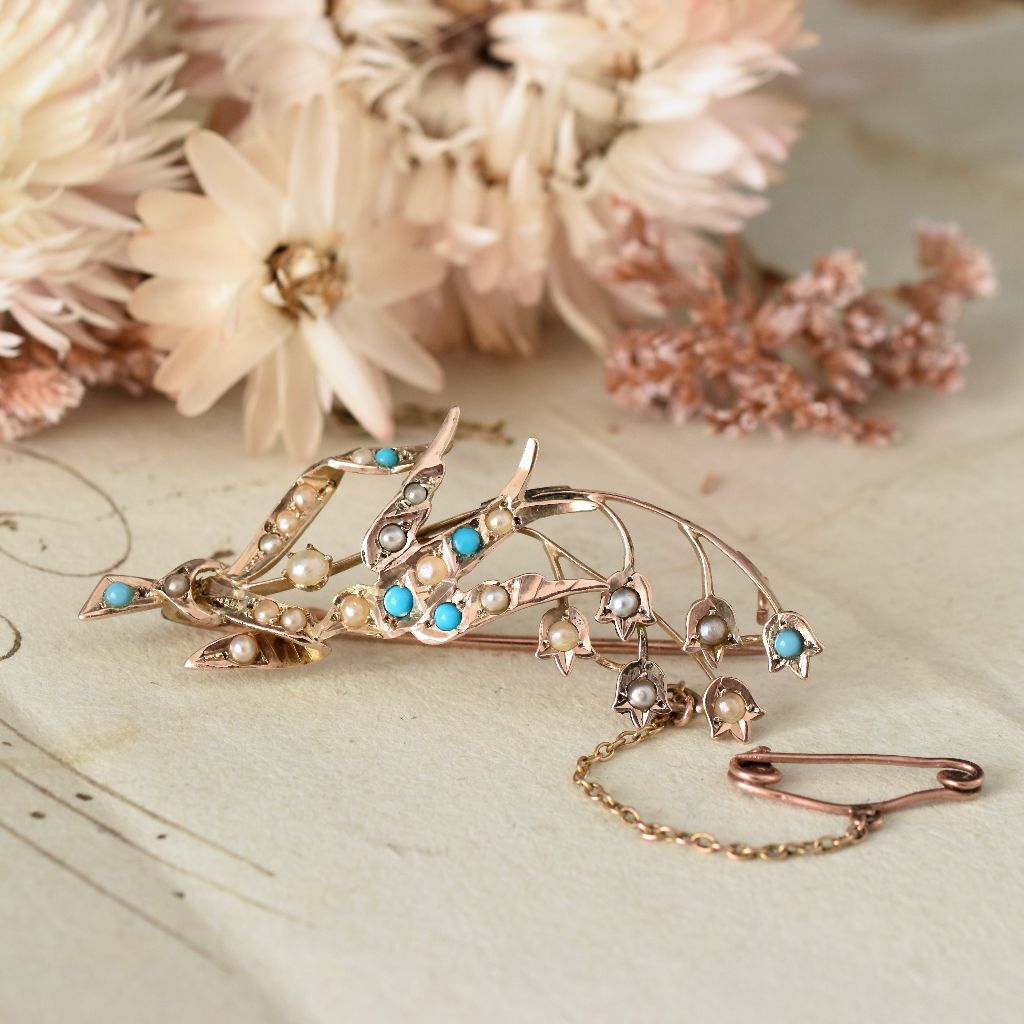 Antique 9ct Rose Gold Pearl Turquoise ‘Swallow’ Brooch by Willis and Sons Circa 1910