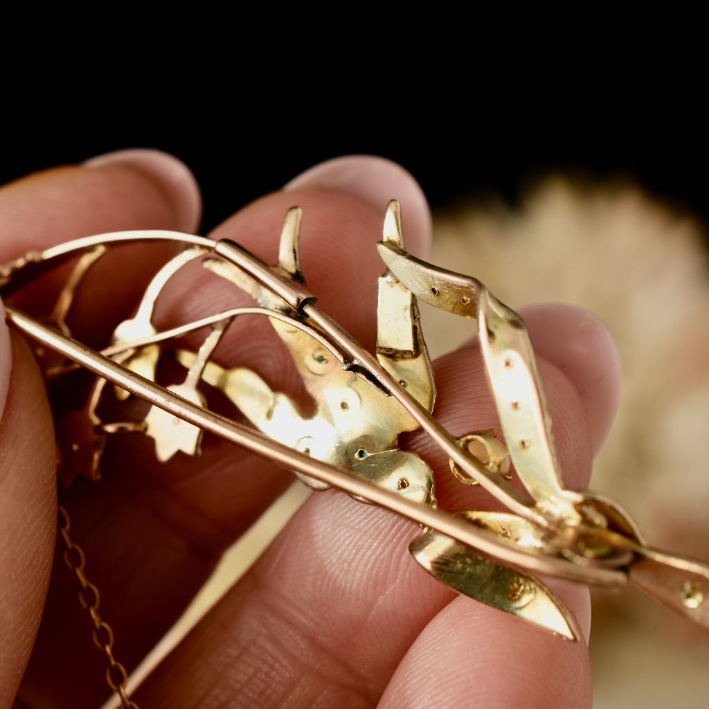 Antique 9ct Rose Gold Pearl Turquoise ‘Swallow’ Brooch by Willis and Sons Circa 1910