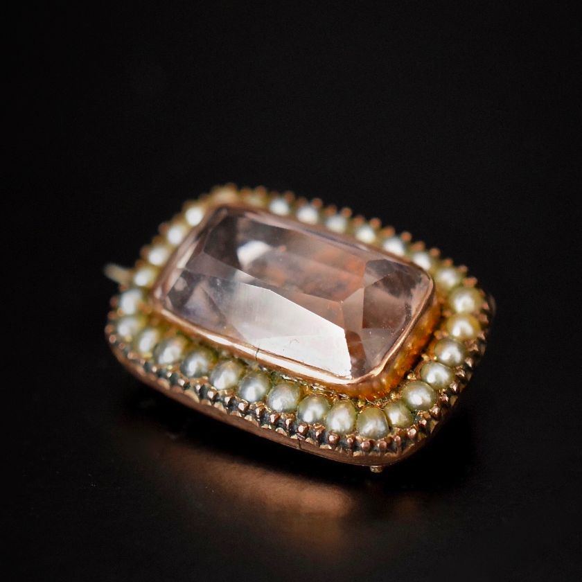 Georgian 9ct Natural Seed Pearl Rock Crystal Lace Pin / Fichu / Brooch