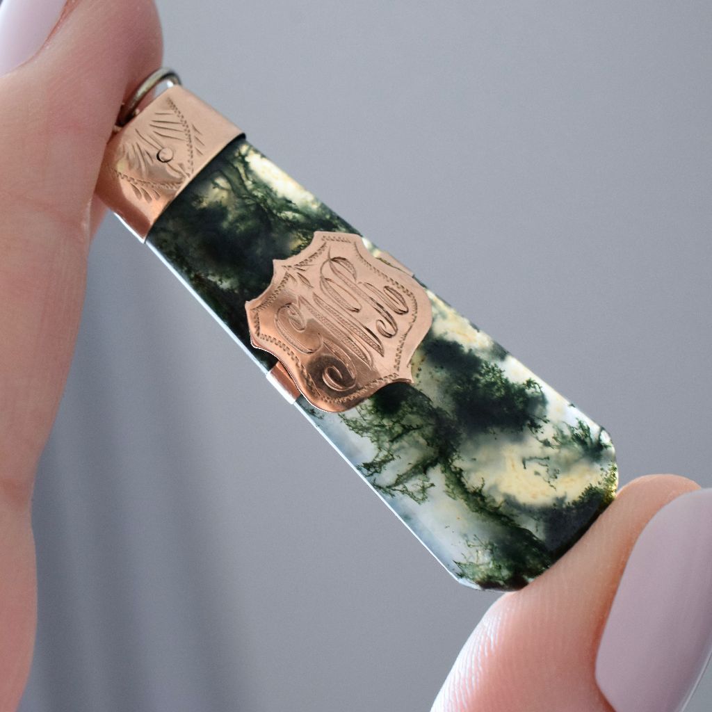 Antique Victorian Moss Agate 9ct Rose Gold Fob Pendant