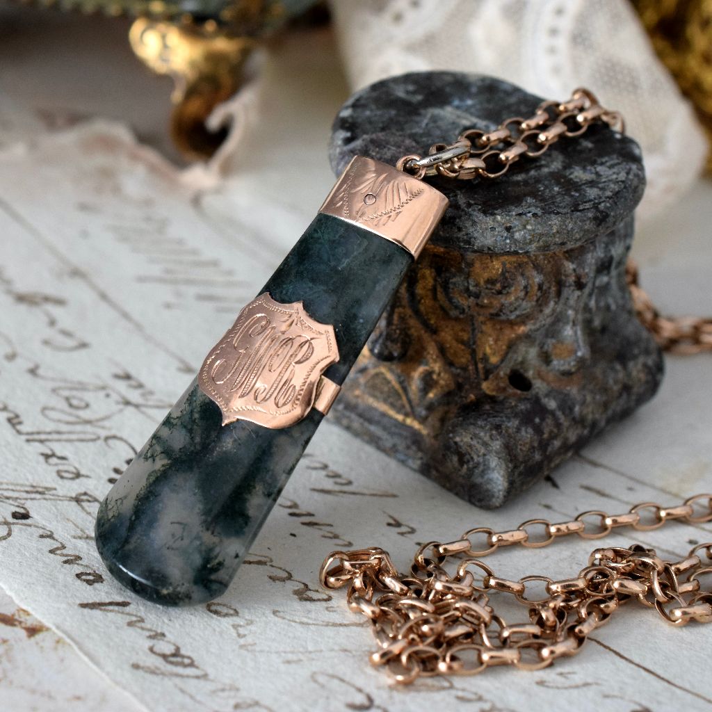 Antique Victorian Moss Agate 9ct Rose Gold Fob Pendant