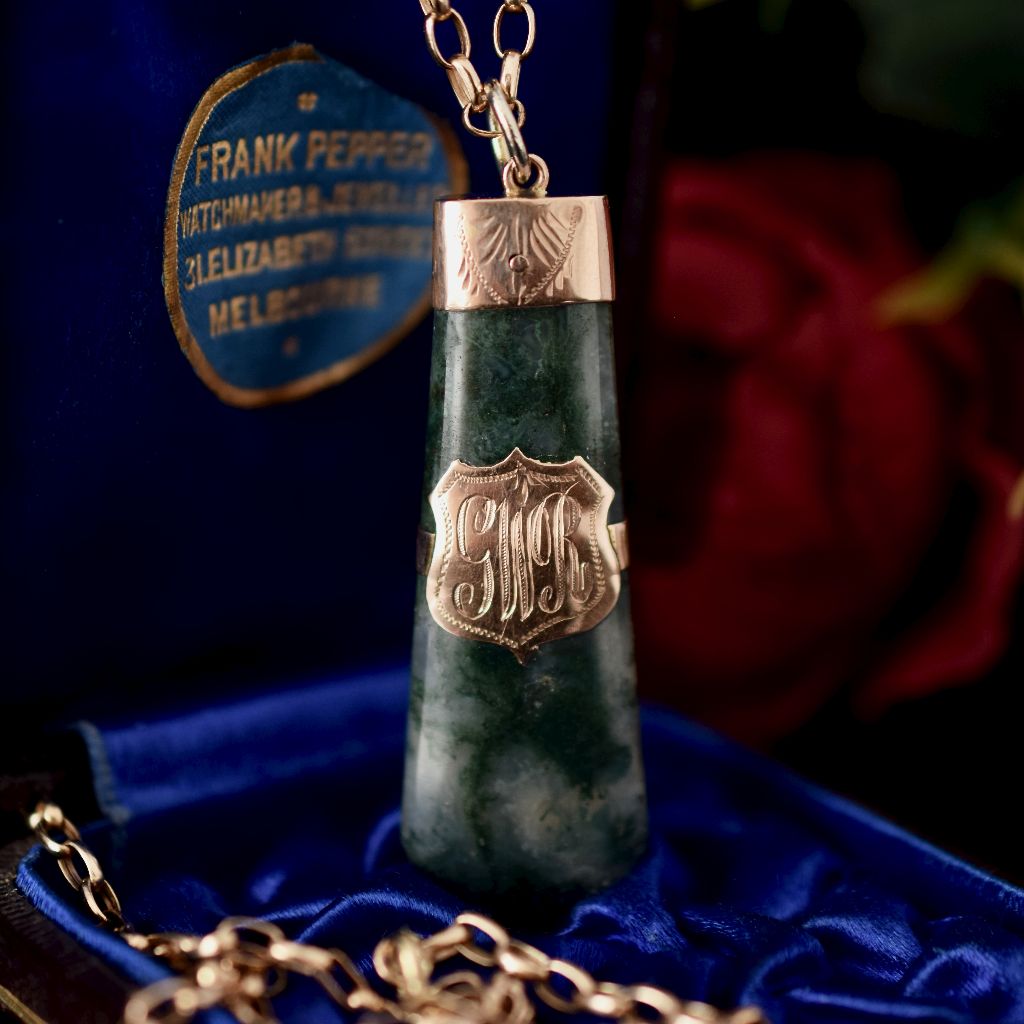 Antique Victorian Moss Agate 9ct Rose Gold Fob Pendant