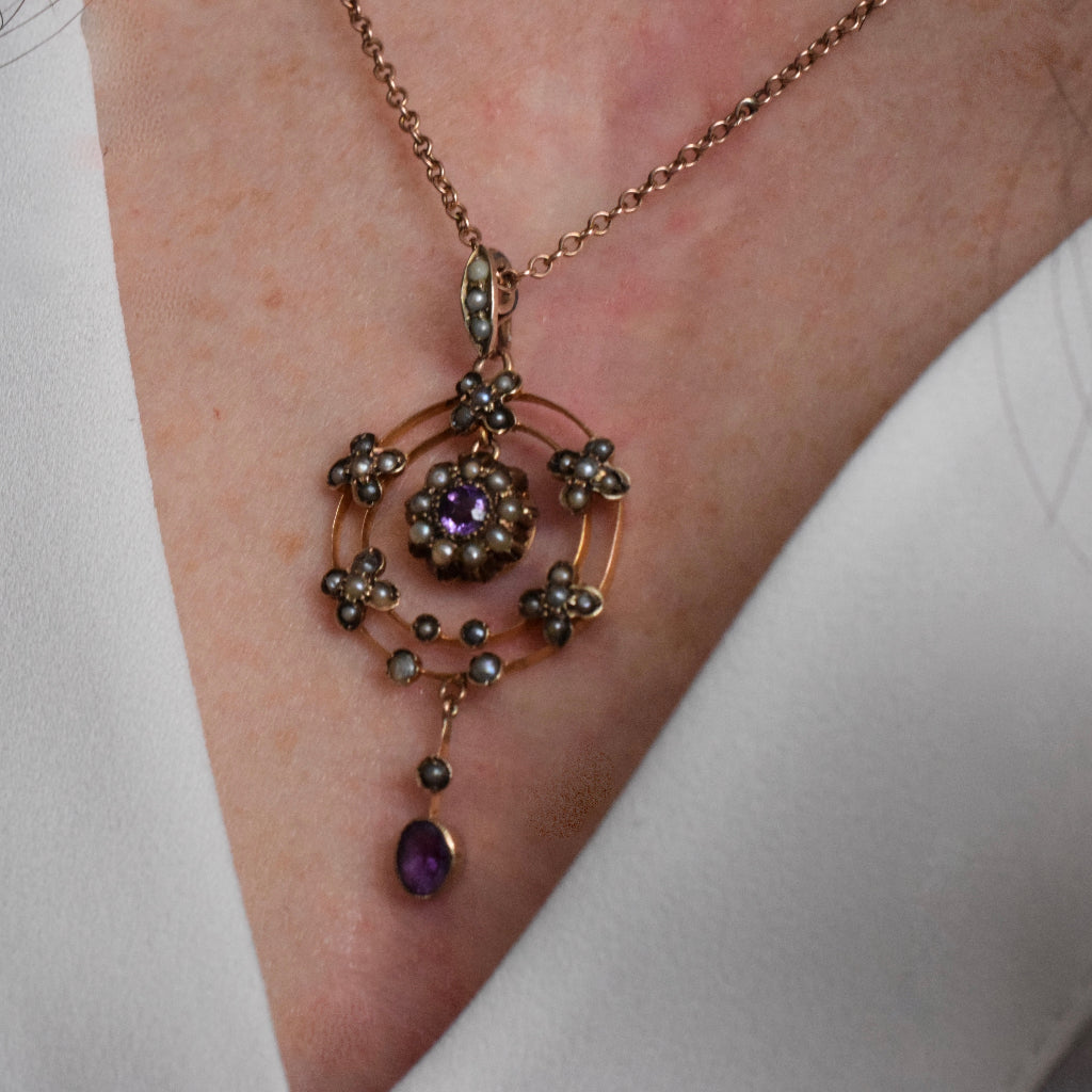 Antique Late Victorian / Early Edwardian Amethyst Seed Pearl 9ct Pendant