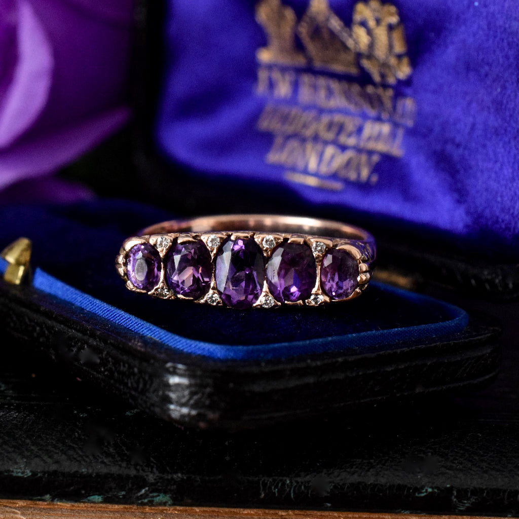 Vintage 9ct Rose Gold Amethyst And Diamond Five Stone Ring