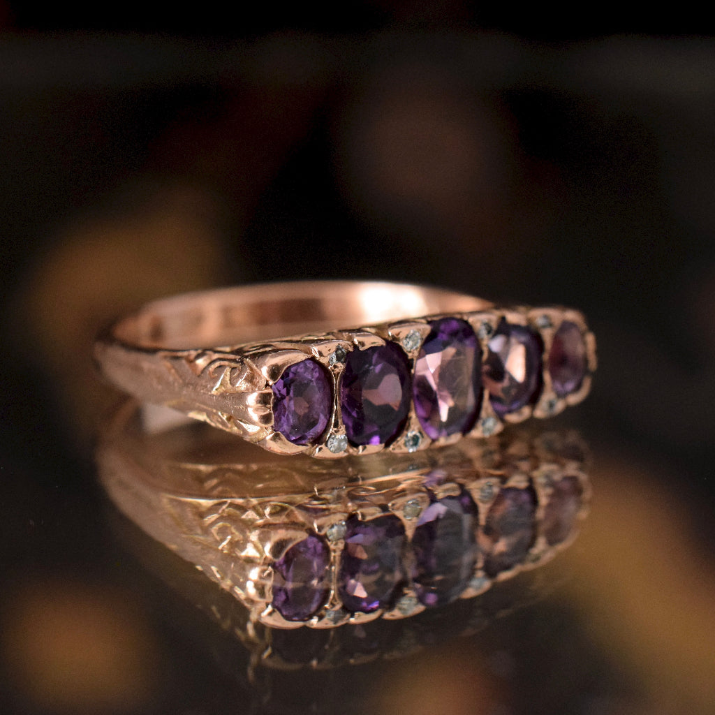 Vintage 9ct Rose Gold Amethyst And Diamond Five Stone Ring