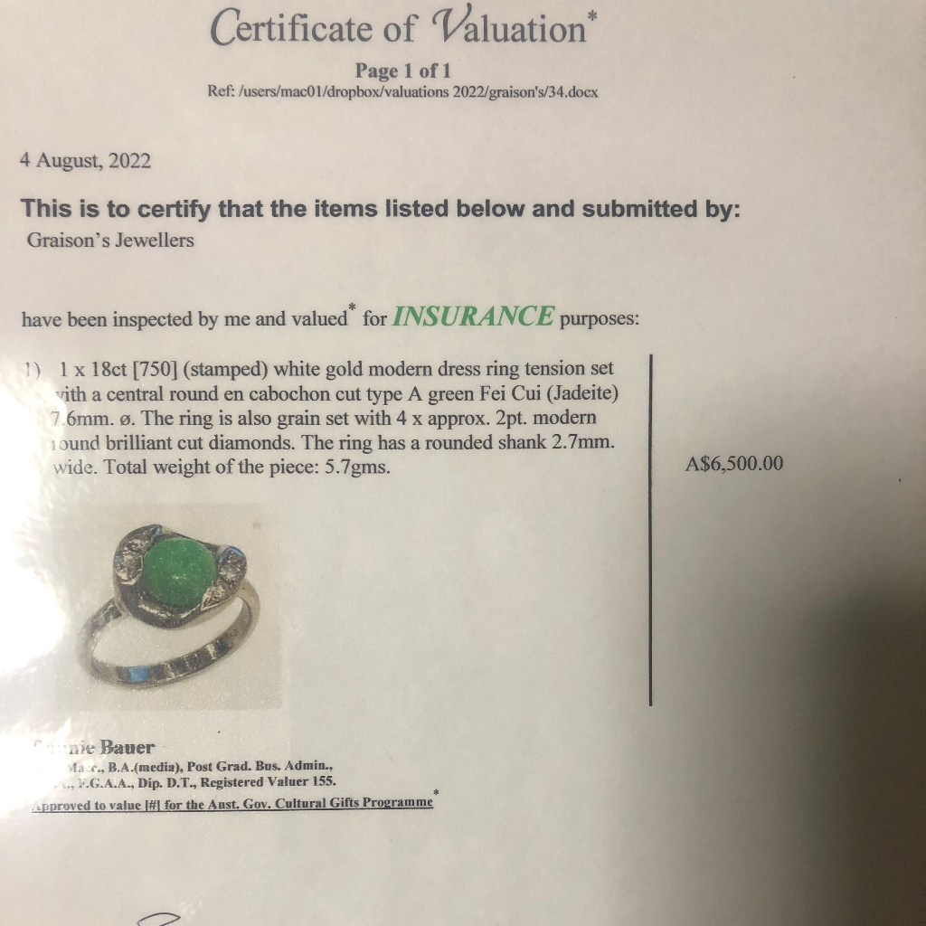 Modern 18ct White Gold Jadeite And Diamond Ring Independent Valuation Included In Purchase For $6500 AUD
