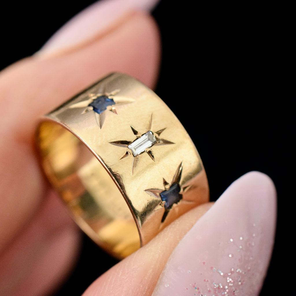 Vintage Wide Cigar Band Diamond Sapphire Ring
