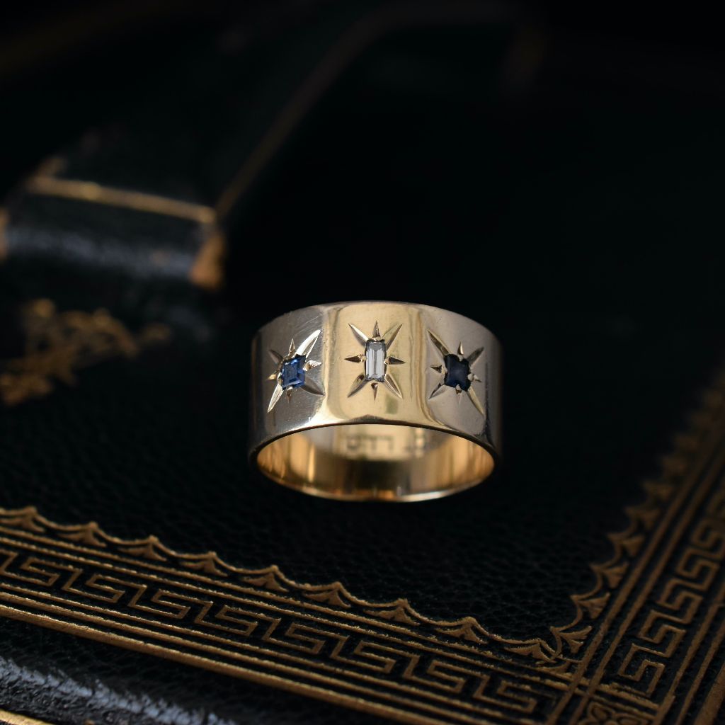 Vintage Wide Cigar Band Diamond Sapphire Ring