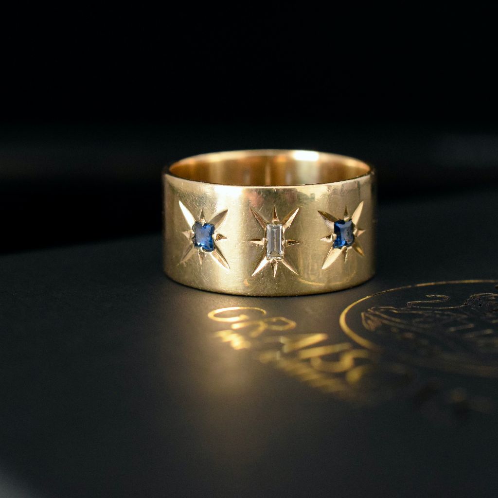 Vintage Wide Cigar Band Diamond Sapphire Ring