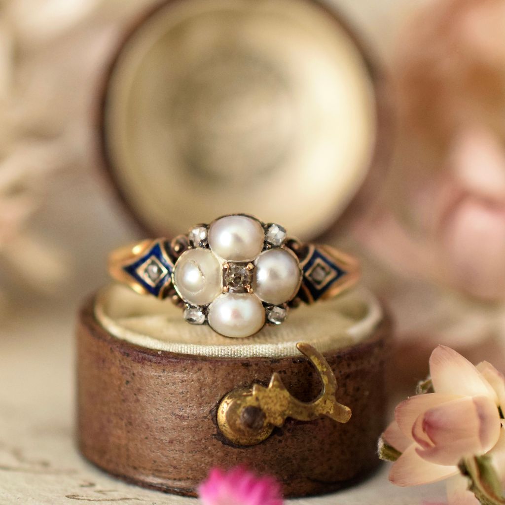 Victorian 18ct Gold Pearl Diamond Enamel Mourning Locket ring Circa 1865