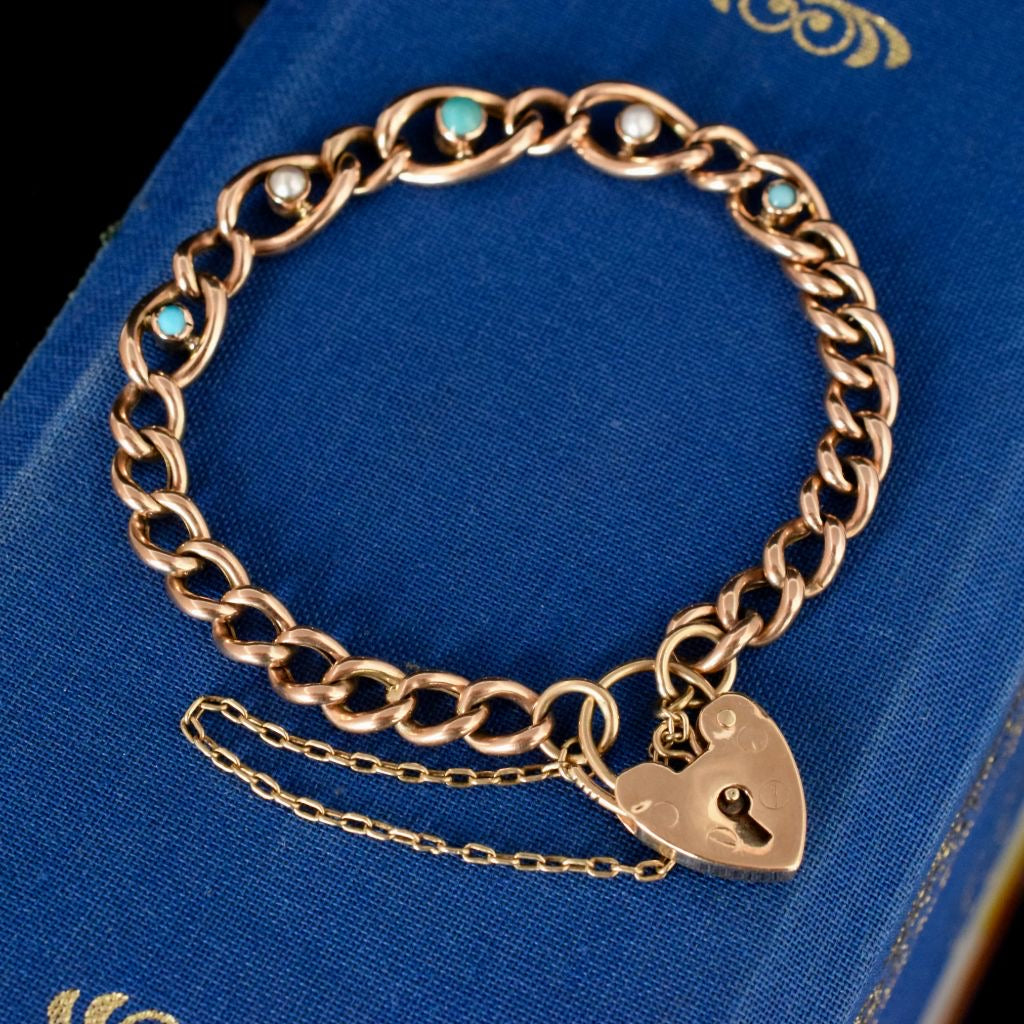 Antique Early Edwardian 9ct Rose Gold Turquoise Pearl Padlock Bracelet Circa 1905