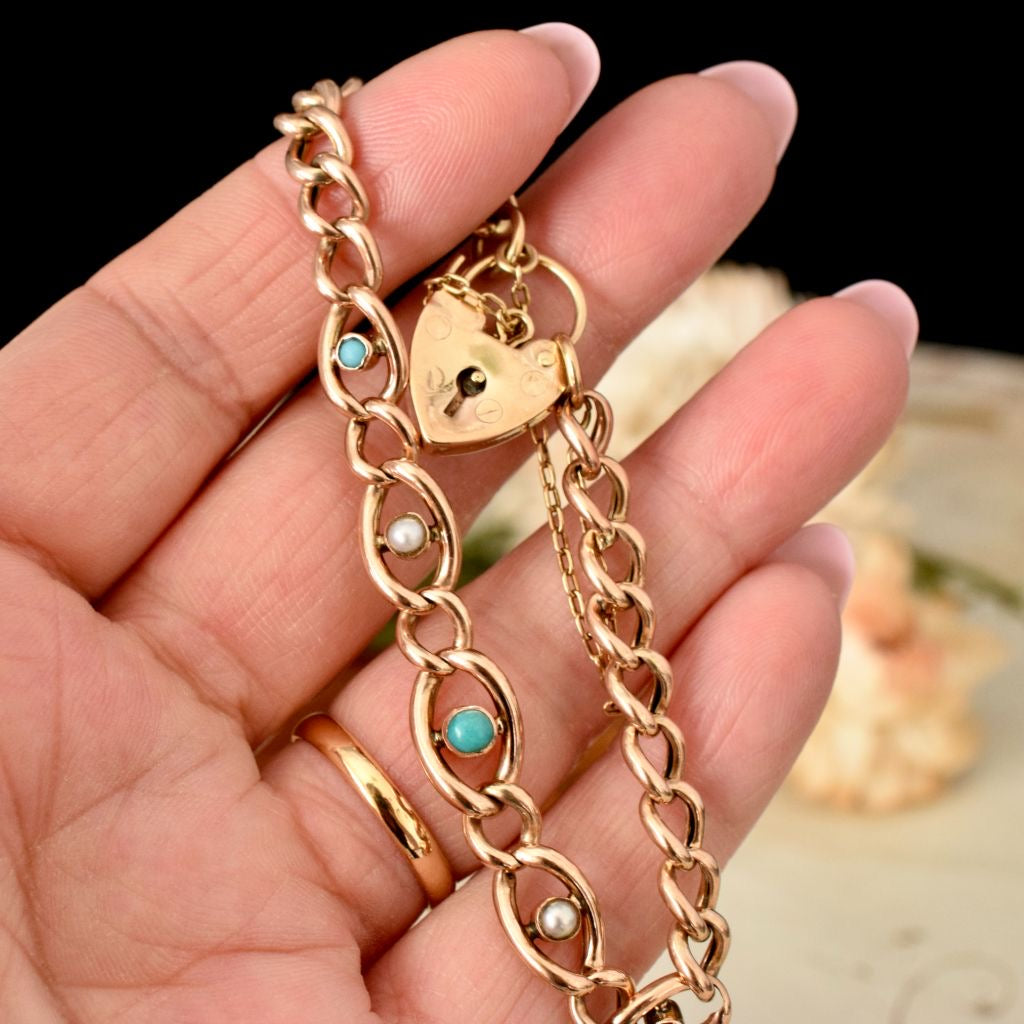 Antique Early Edwardian 9ct Rose Gold Turquoise Pearl Padlock Bracelet Circa 1905