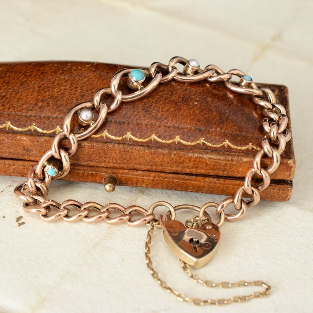 Antique Early Edwardian 9ct Rose Gold Turquoise Pearl Padlock Bracelet Circa 1905