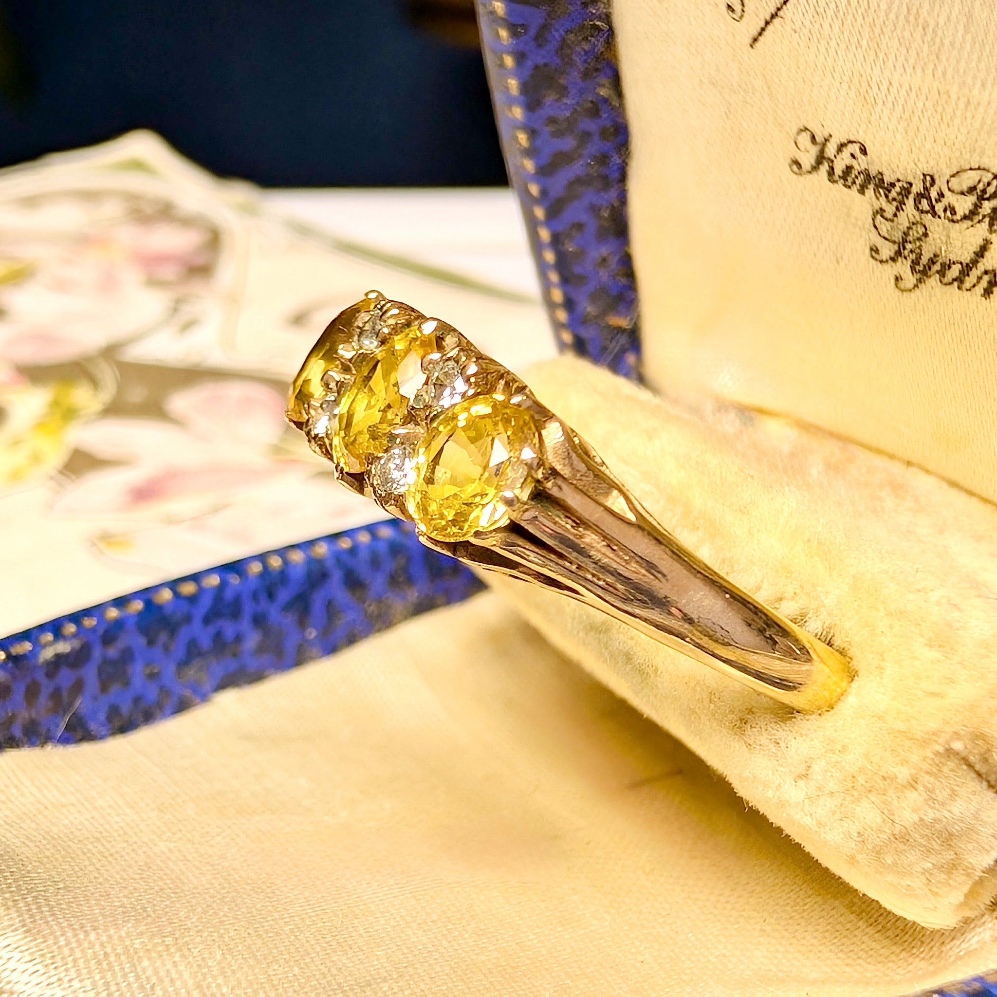 Vintage 9ct Yellow Gold Yellow Sapphire & Diamond ‘Trilogy’ Ring London 1984