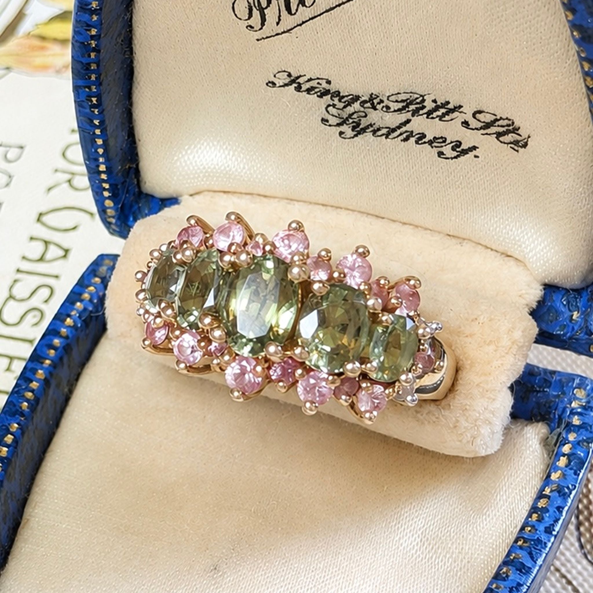 Gorgeous Contemporary 9 Carat Yellow Gold Peridot, Pink Sapphire & Diamond Ring - Birmingham 2004