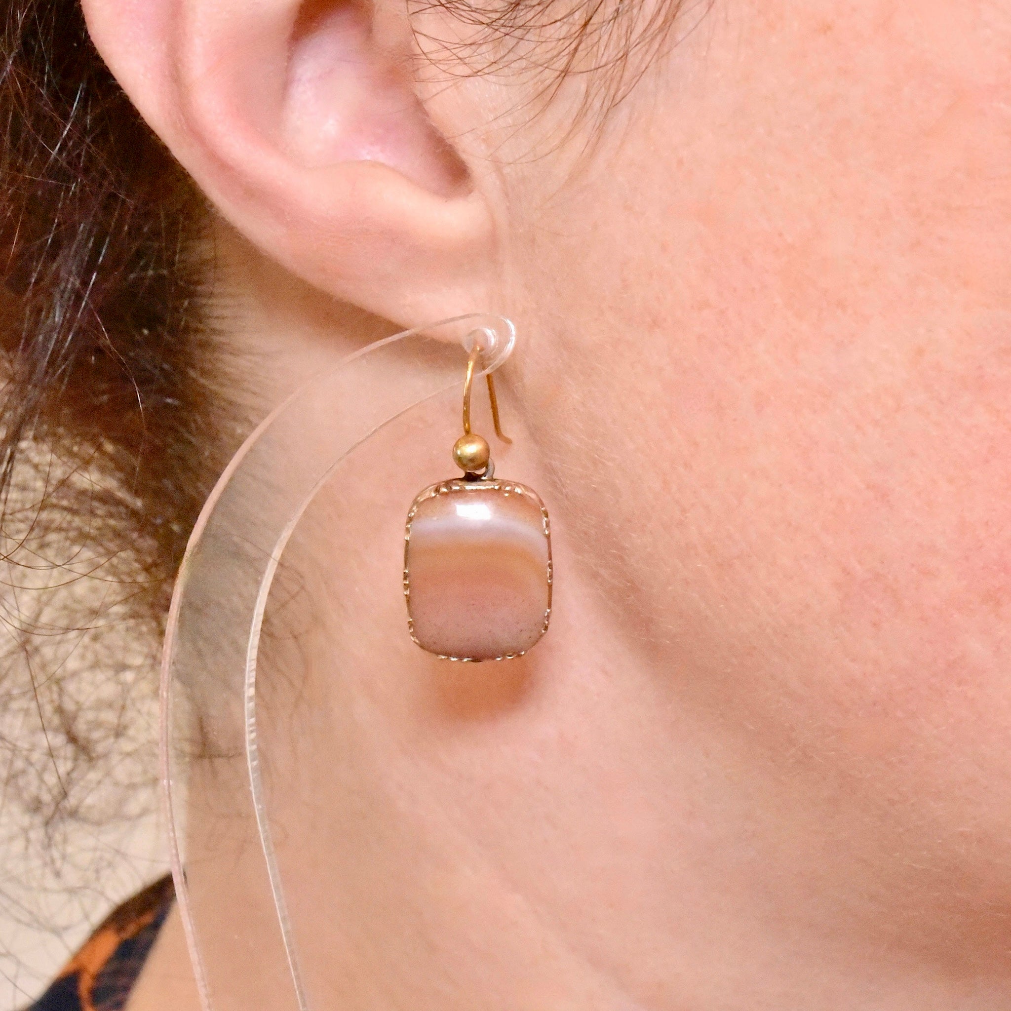 Antique Victorian 9ct Rose Gold Banded Agate Earrings