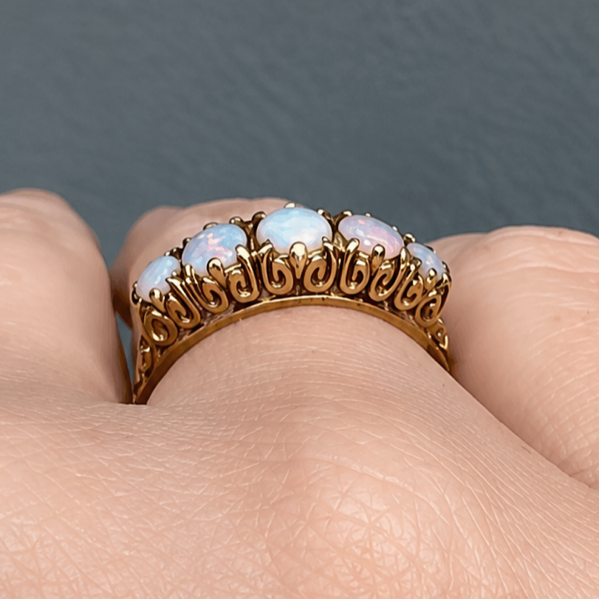 Antique Style 9ct Rose Gold Solid Opal Half Hoop Ring