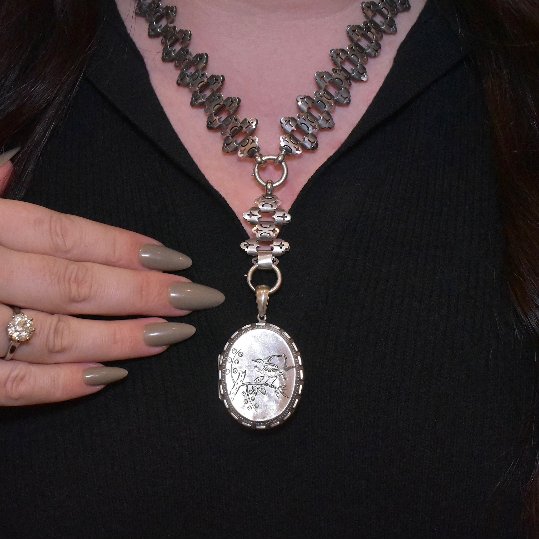 Antique Victorian Aesthetic Period Sterling Silver BookChain And Locket Circa 1885-1901