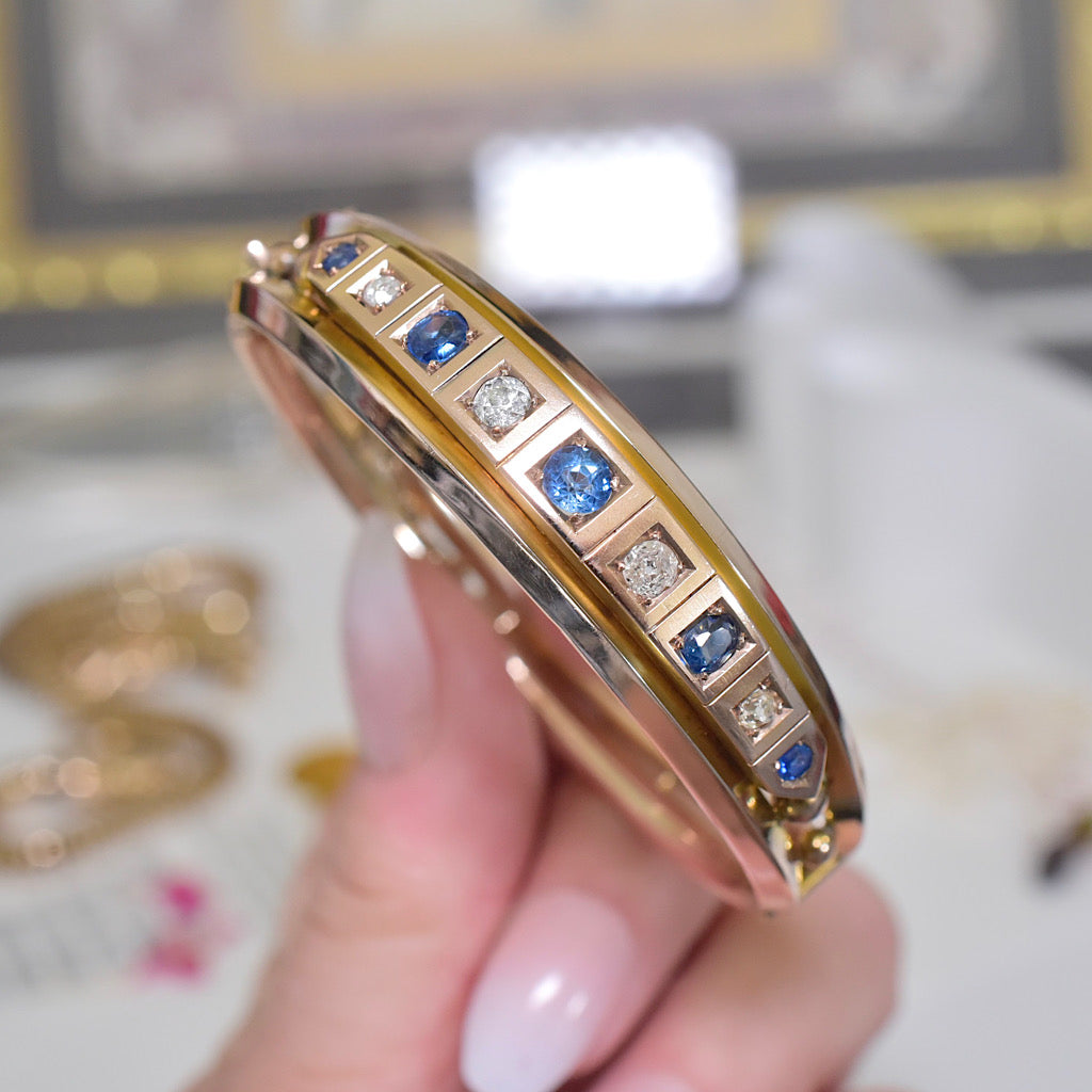 Antique Edwardian 9ct Yellow Gold Sapphire And Diamond Bangle Circa 1910 Independent Gemmological Valuation for $8000 AUD Included With Purchase