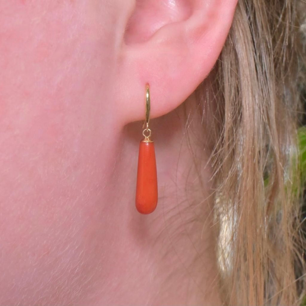Contemporary 18ct Gold Red Coral Torpedo Drop Earrings