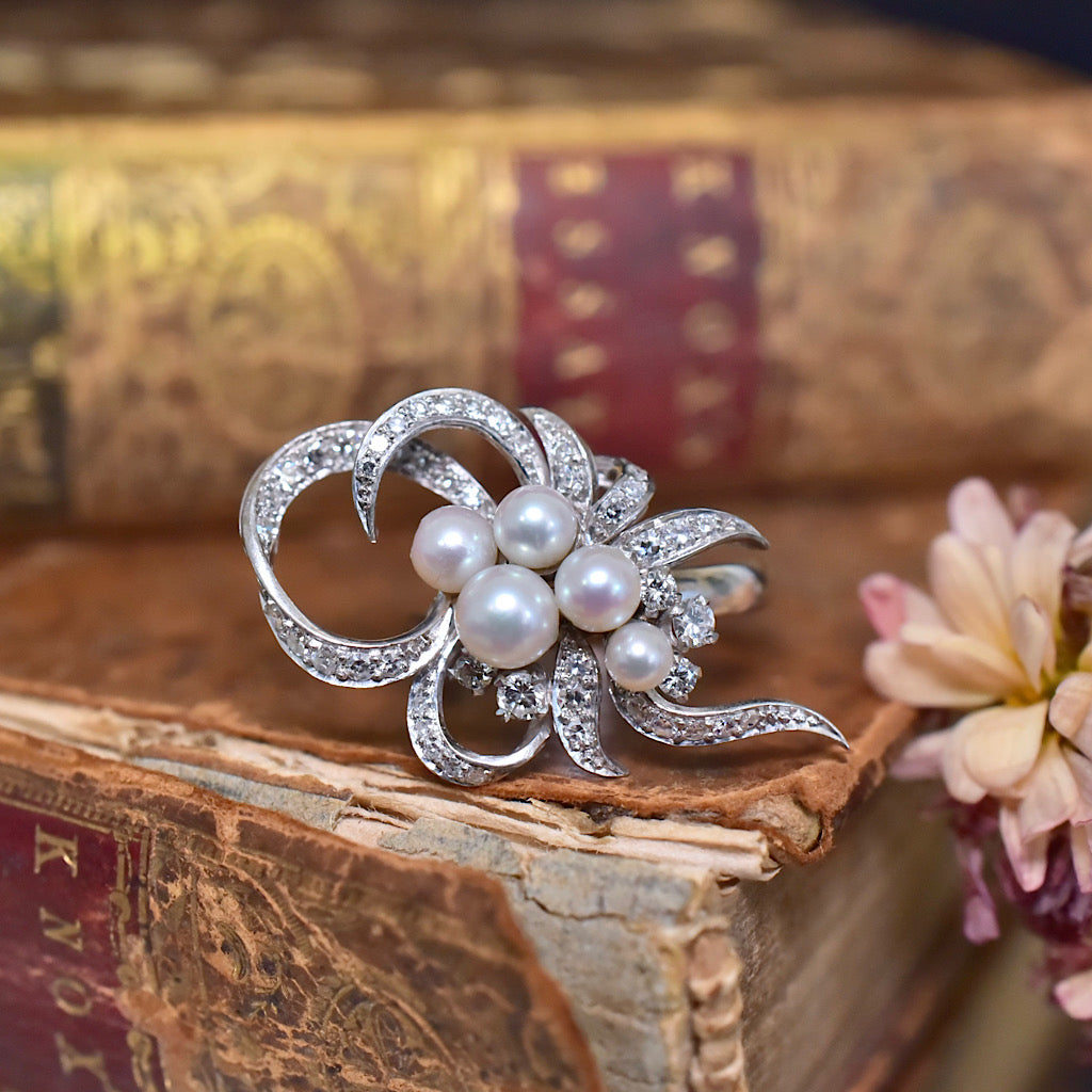 Vintage Retro Era 18ct (And 9ct) Diamond And Pearl Cocktail Ring Circa 1940’s