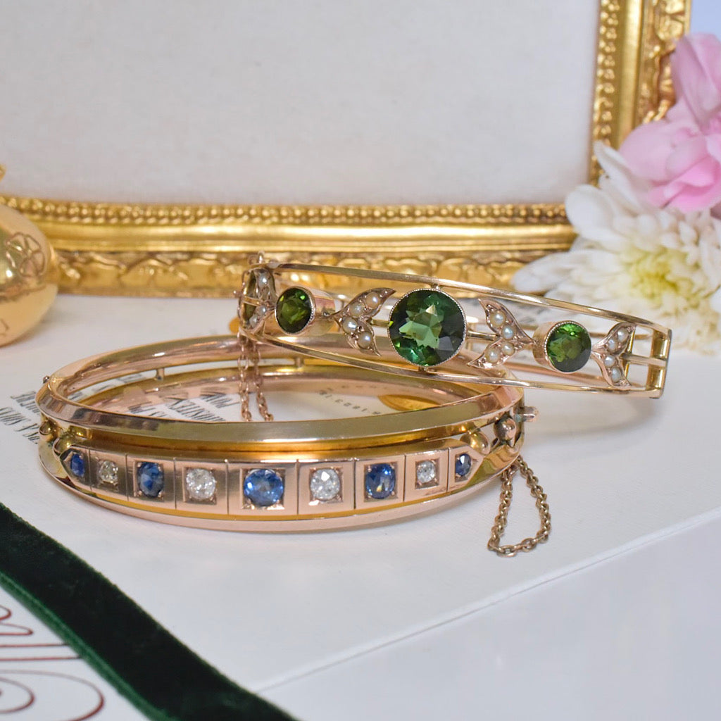 Antique Edwardian 9ct Rose Gold Green Tourmaline And Seed Pearl Bangle - Circa 1910-15