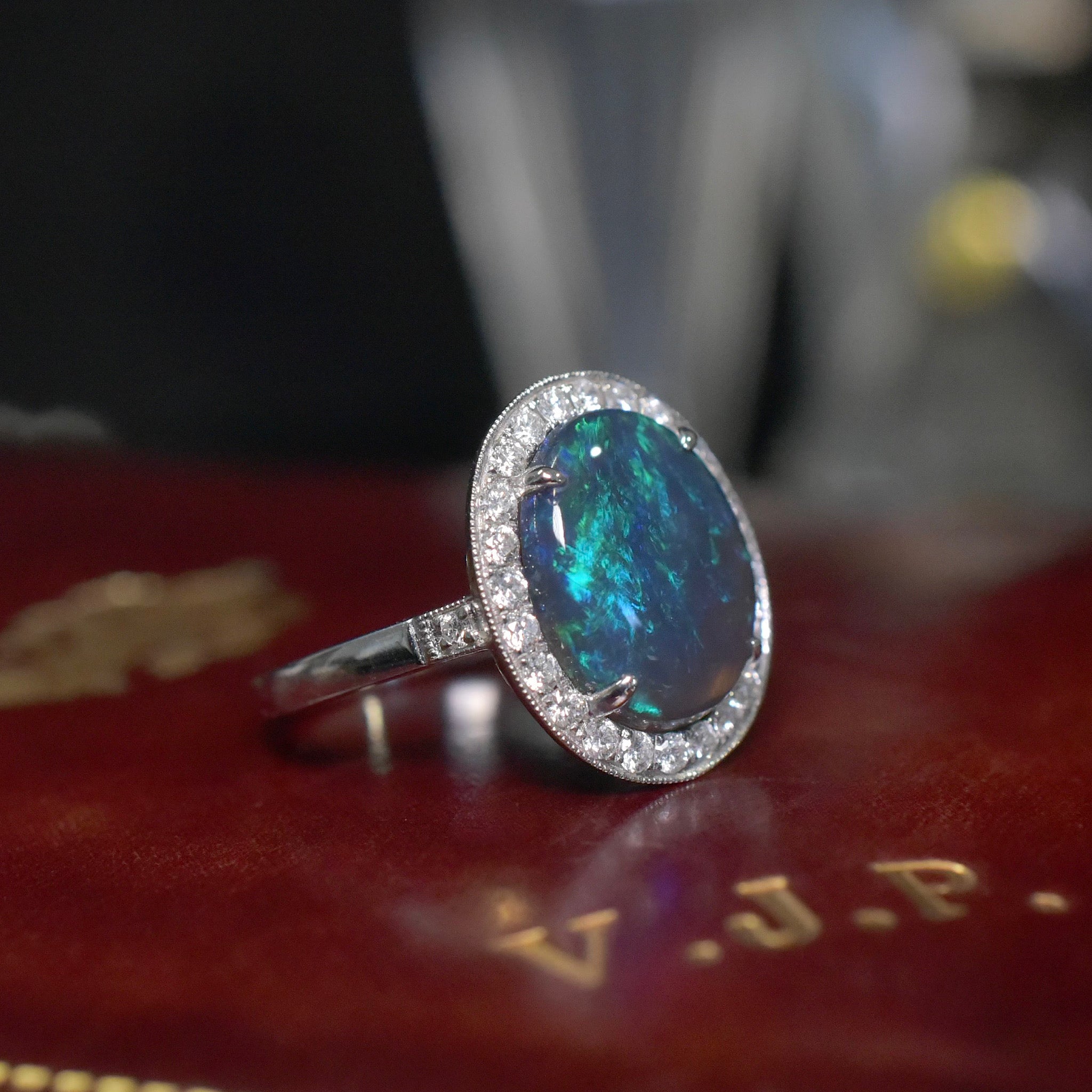 14ct White gold Solid Lightning Ridge Black Jelly Crystal Opal And Diamond Halo Ring