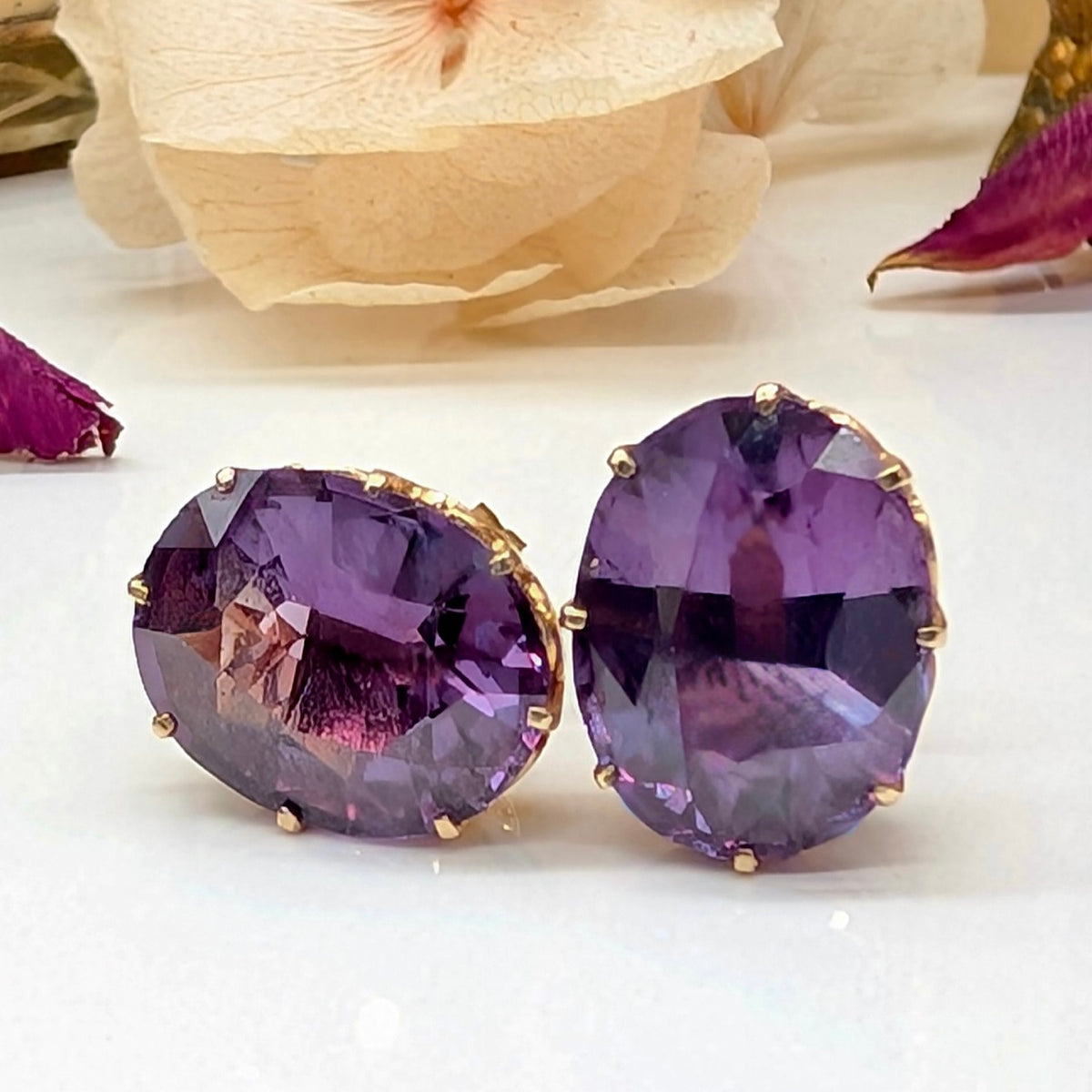 Vintage 9ct Yellow Gold Synthetic Colour-Change Sapphire Earrings – Approx. 6.80ct Each