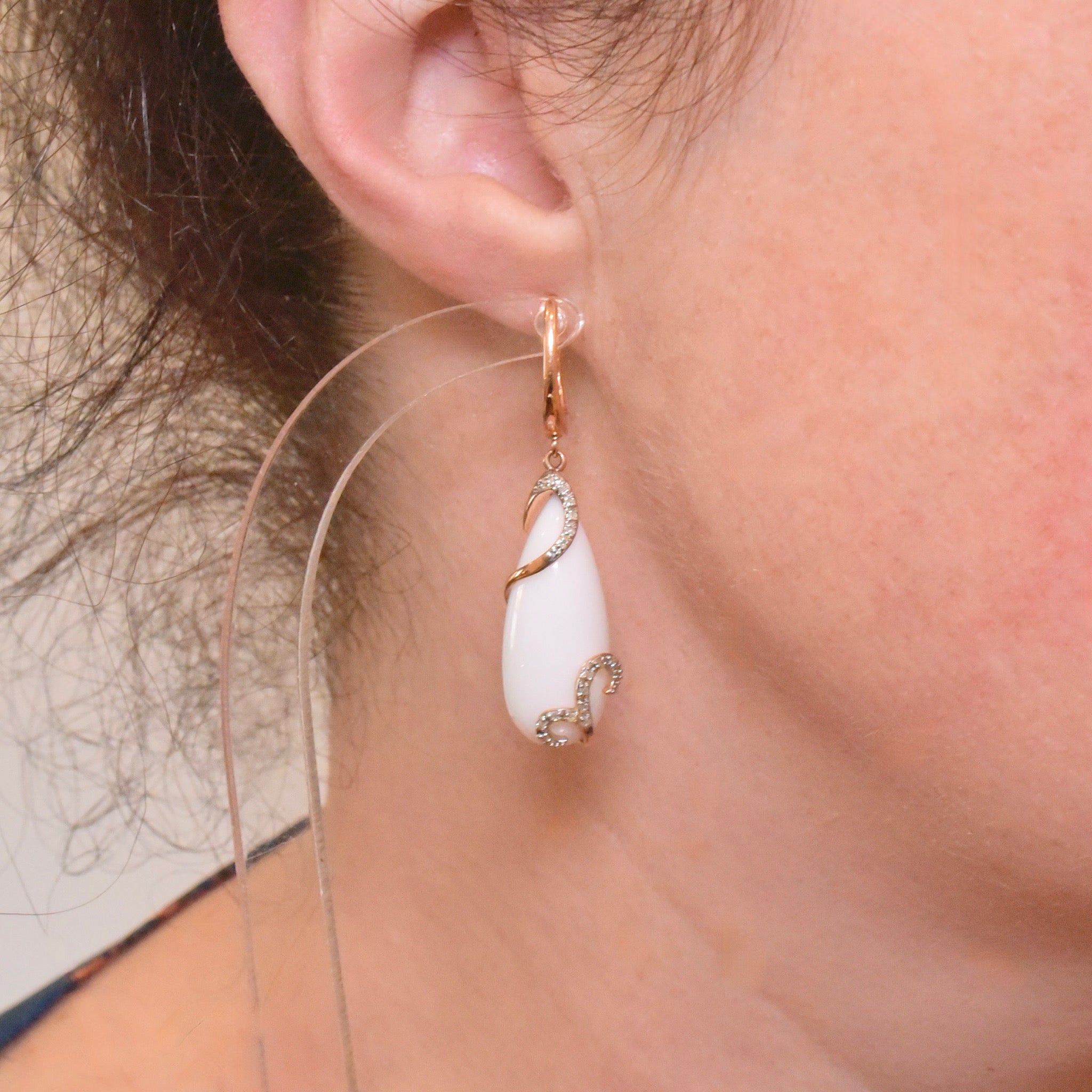 Contemporary 14ct Rose Gold Diamond And Ceramic Tear-Drop Earrings