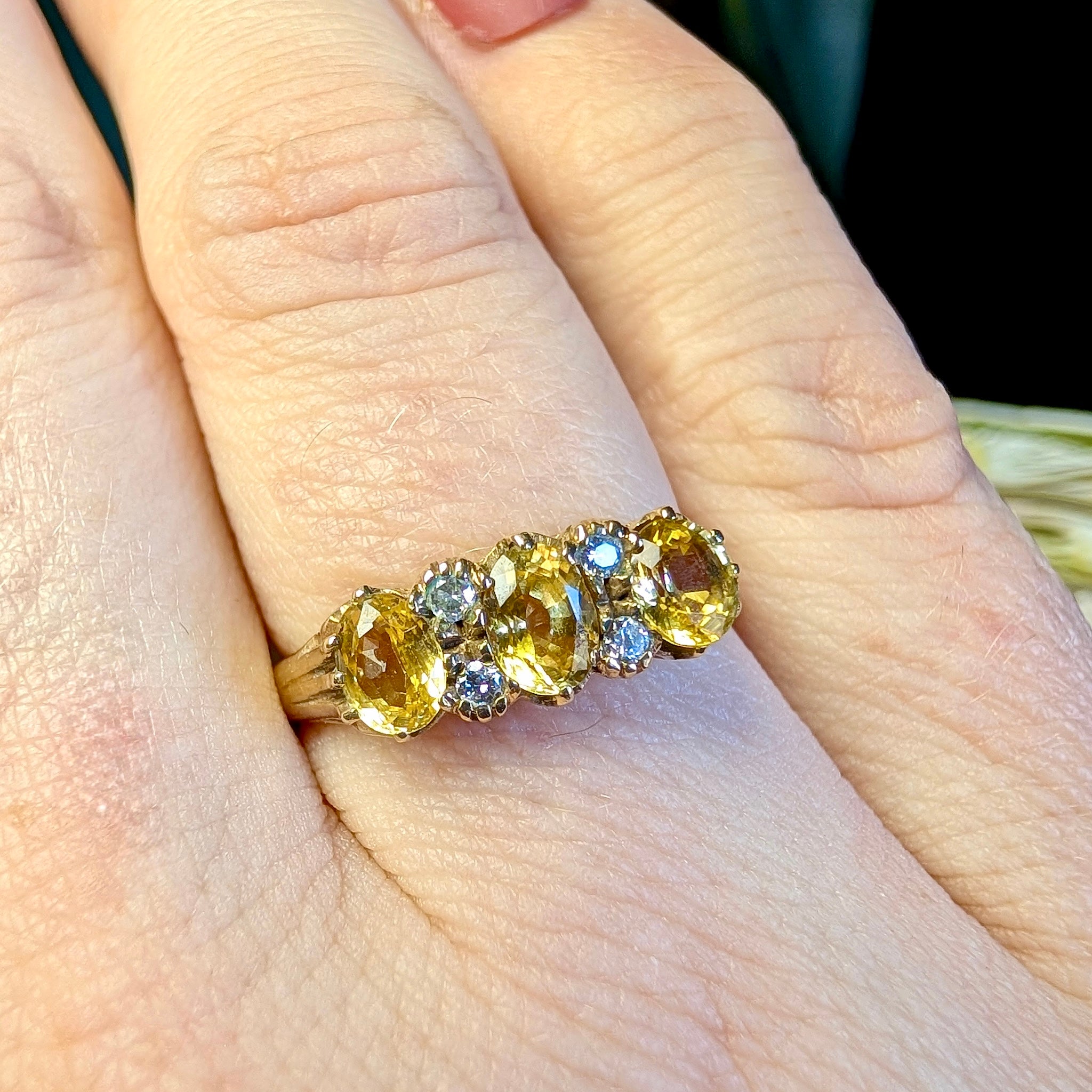 Vintage 9ct Yellow Gold Yellow Sapphire & Diamond ‘Trilogy’ Ring London 1984