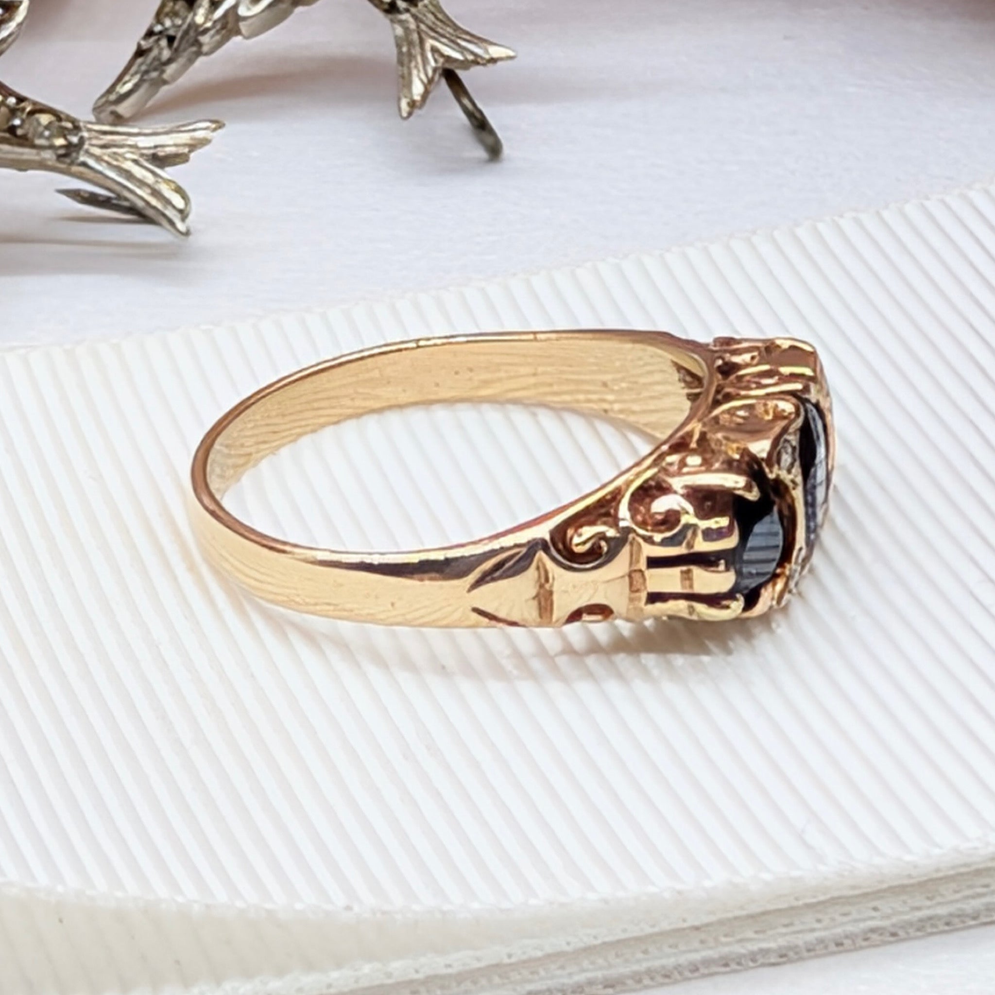 Vintage 9ct Yellow Gold Sapphire and Diamond Bridge Ring Birmingham 1978