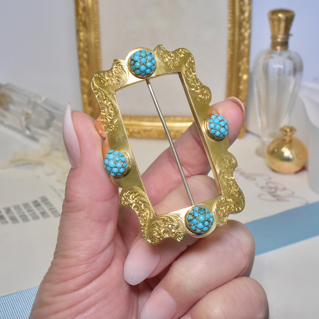 Antique Australian Victorian 9ct Yellow Gold Persian Turquoise ‘Buckle Brooch’ Circa 1890