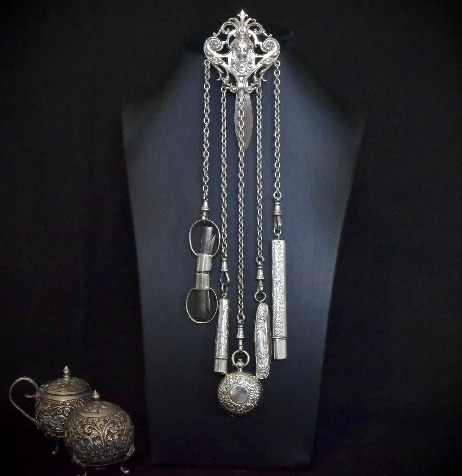 Antique Victorian/Art Nouveau Sterling Silver Five Strand Chatelaine 1888-1912
