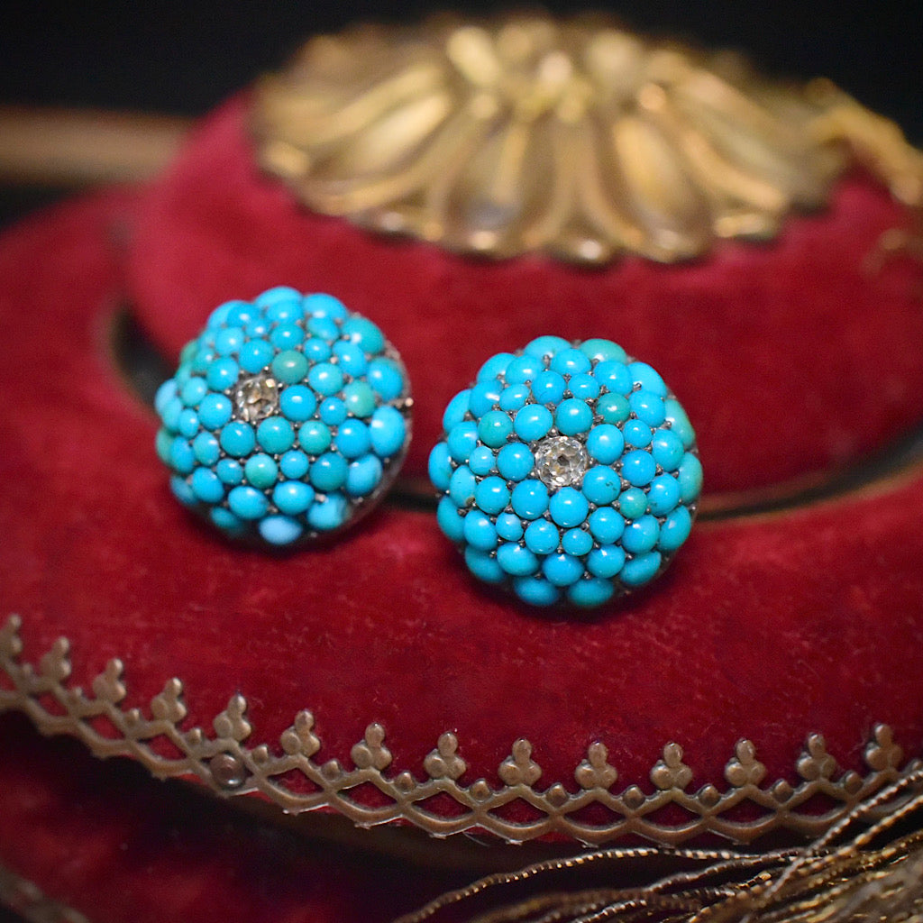 Antique Victorian 9ct Rose Gold Persian Turquoise And Diamond ‘Bombe’ Earrings