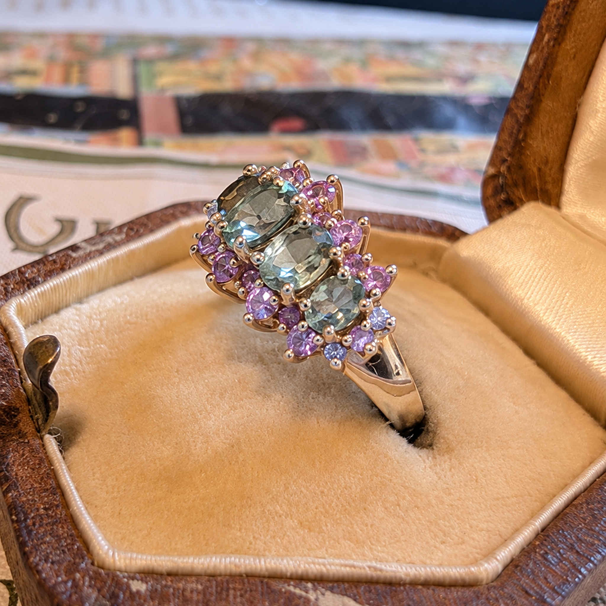 Gorgeous Contemporary 9 Carat Yellow Gold Peridot, Pink Sapphire & Diamond Ring - Birmingham 2004