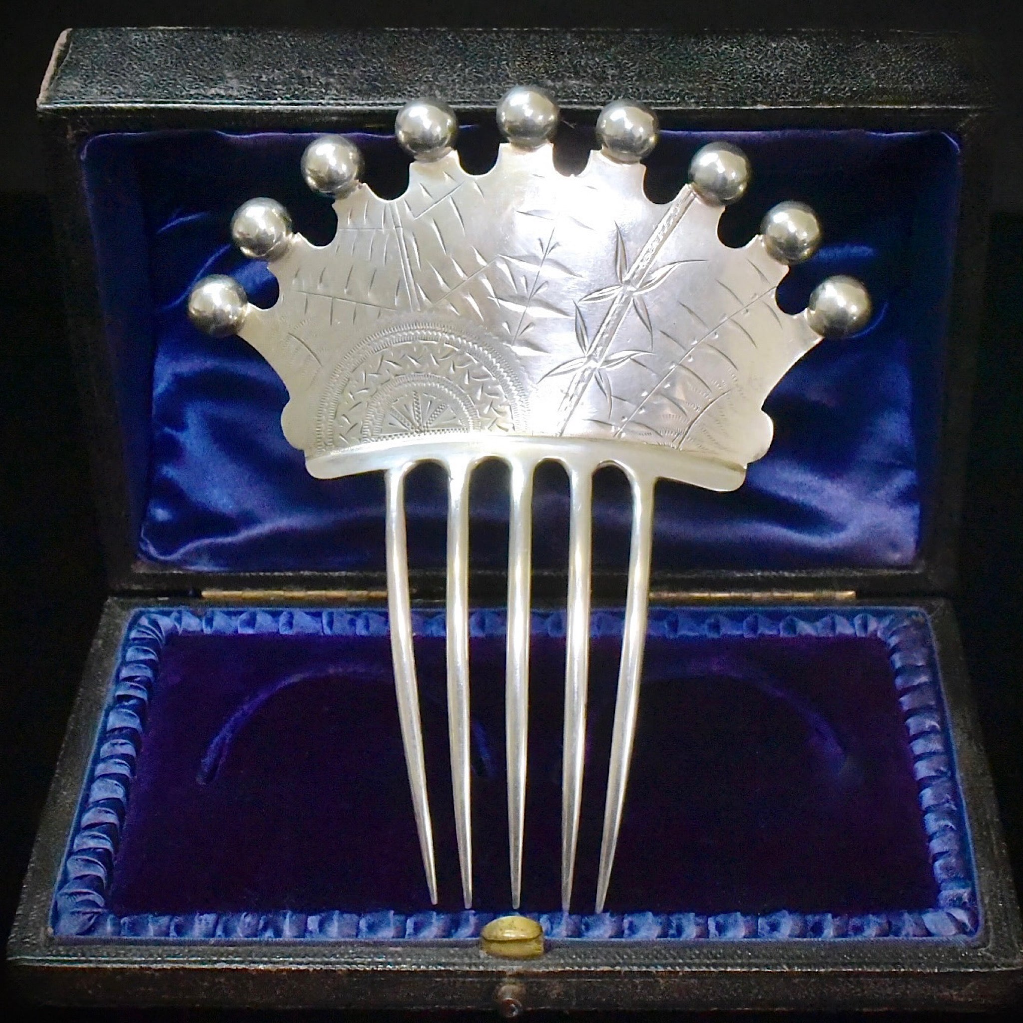 Antique Sterling Silver Aesthetic Movement Japonesque Hair Comb Circa 1895-1910
