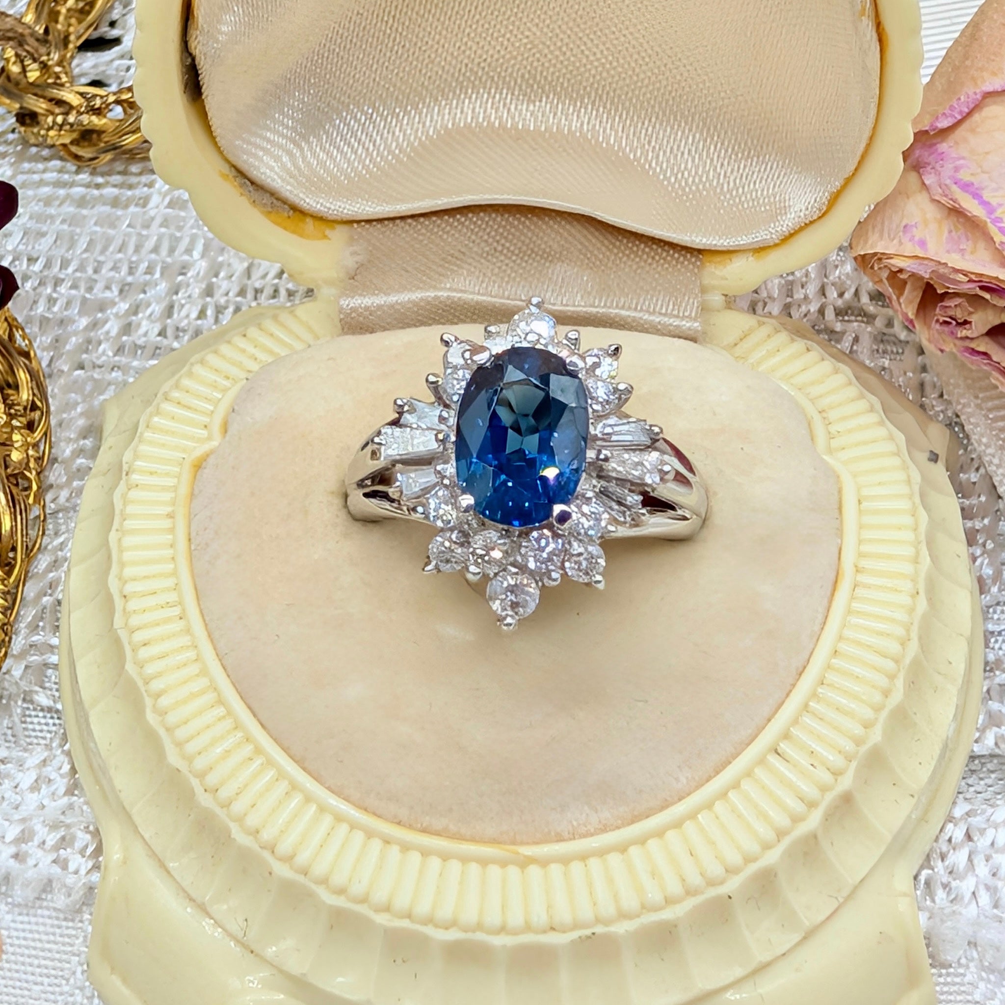 Superb Platinum Sapphire and Diamond Cluster Ring Complete With An Indepedent Gemmological Valuation for $14,380 AUD 