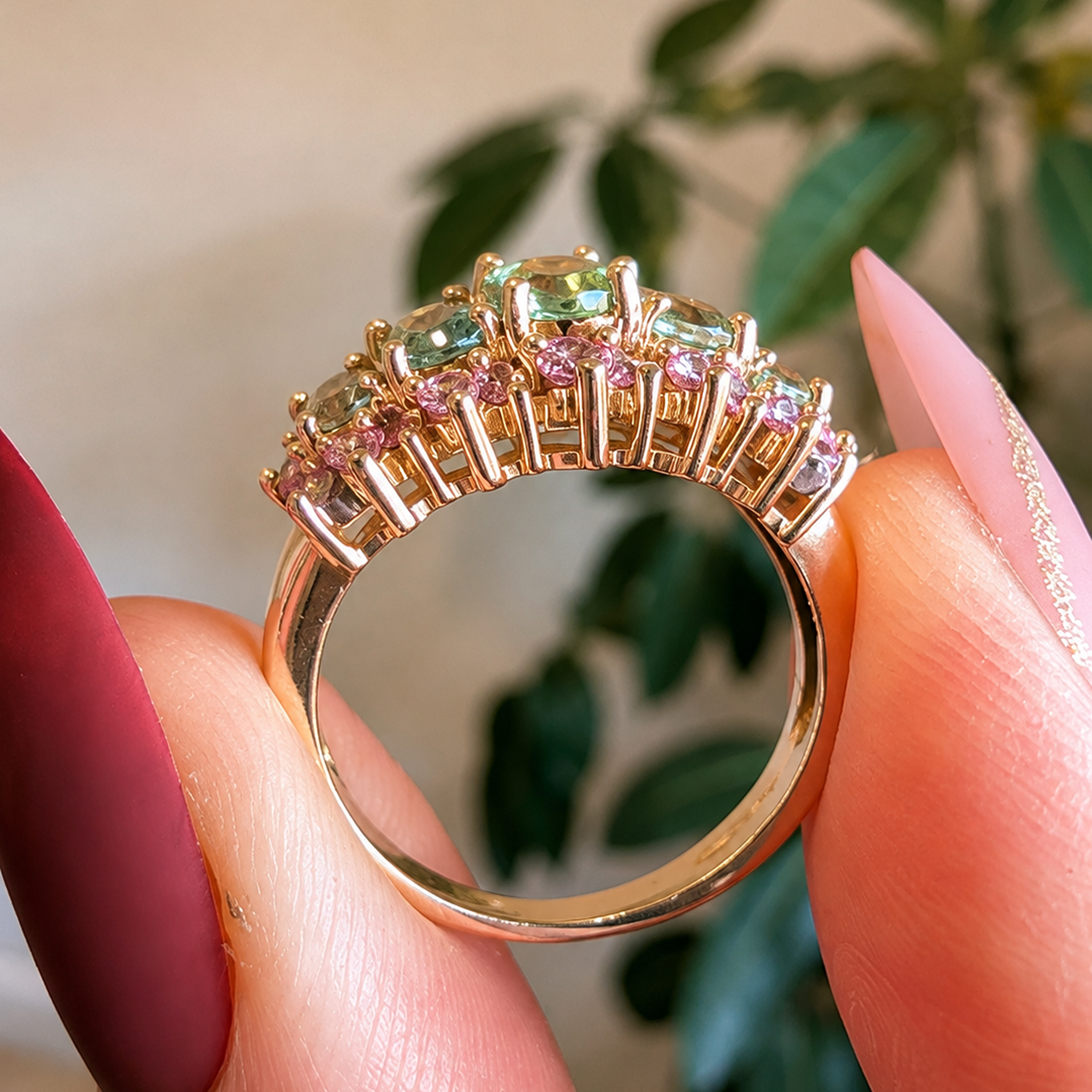 Gorgeous Contemporary 9 Carat Yellow Gold Peridot, Pink Sapphire & Diamond Ring - Birmingham 2004