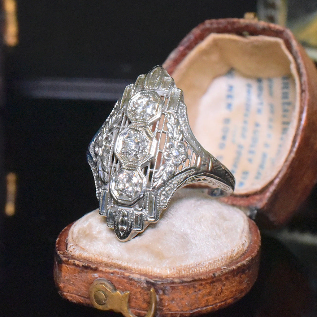 Antique Art Deco 18ct White Gold And Diamond ‘North To South’ /Dinner’ Ring Circa 1920-30’s