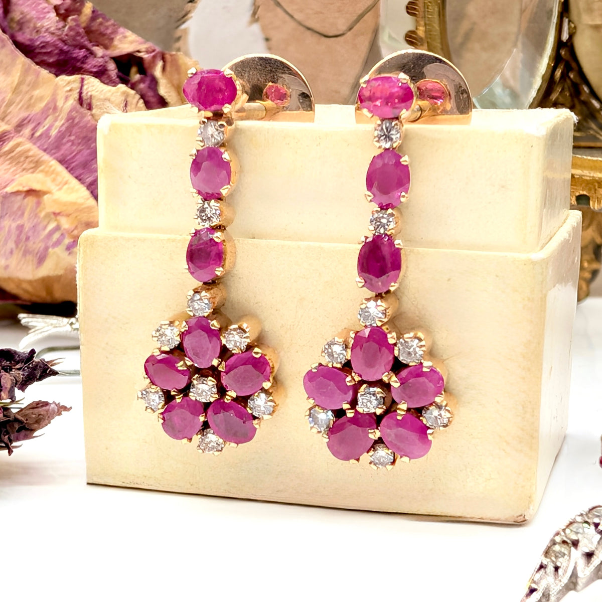 Fabulous 14ct Rose Gold Ruby And Champagne Diamond Earrings