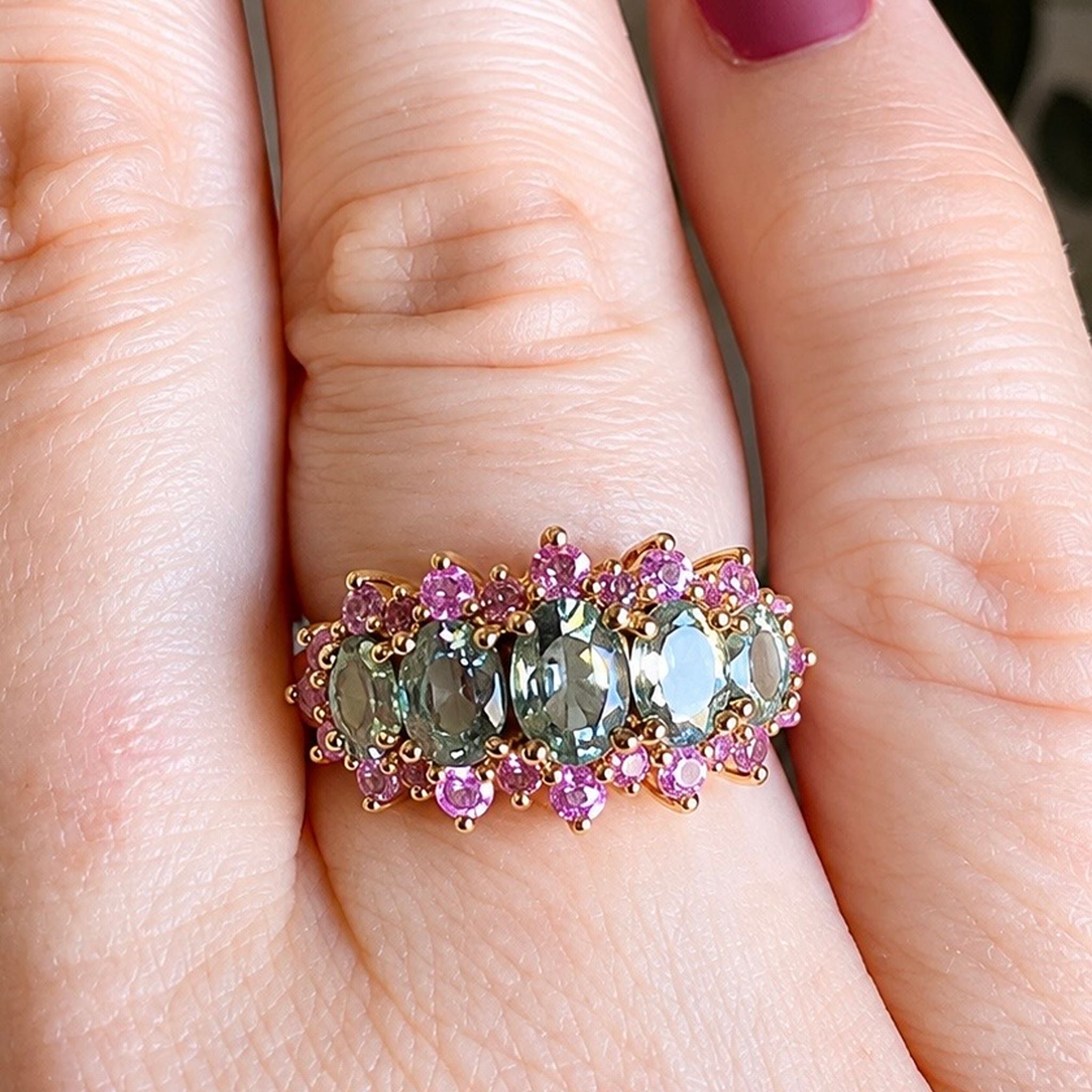 Gorgeous Contemporary 9 Carat Yellow Gold Peridot, Pink Sapphire & Diamond Ring - Birmingham 2004