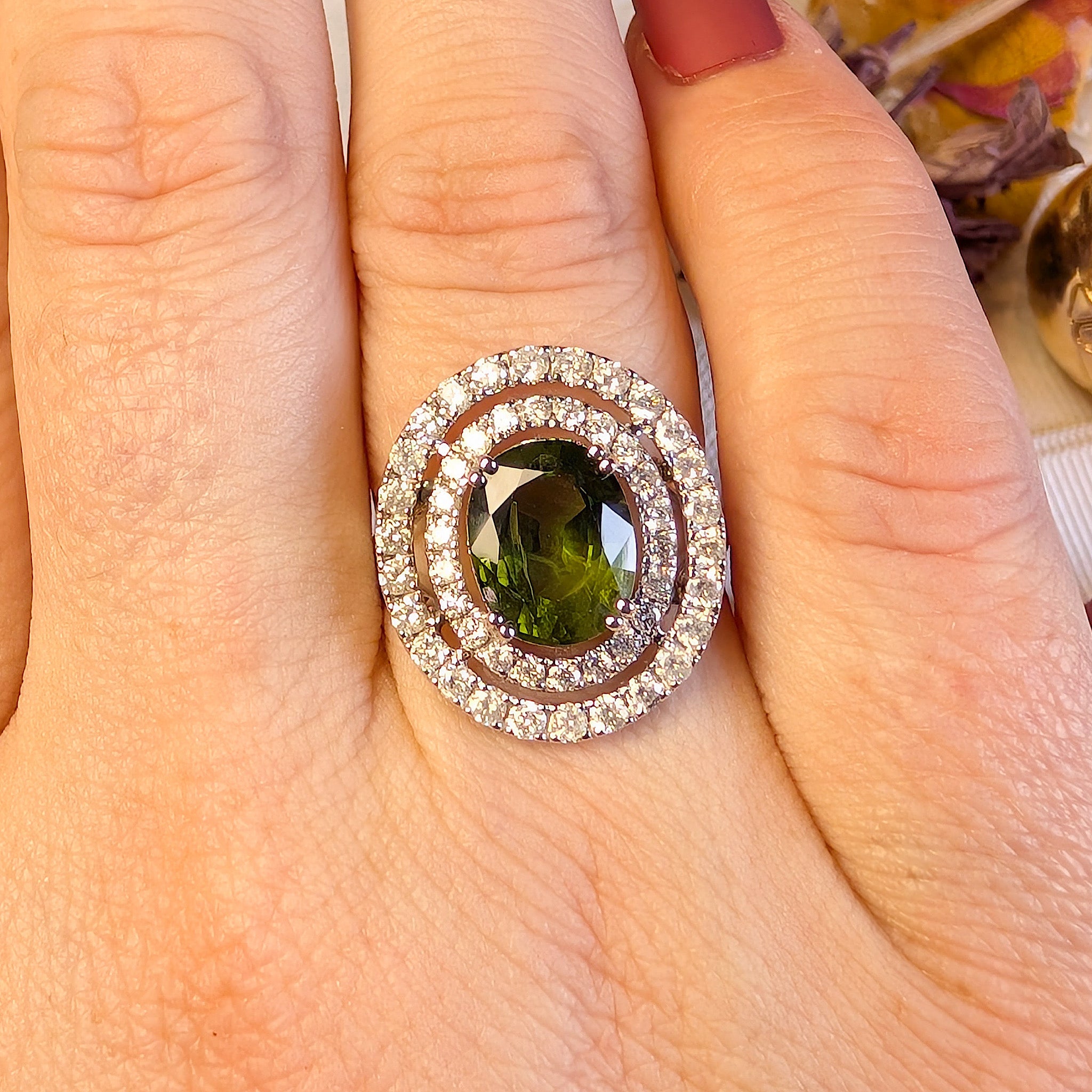 Stunning Contemporary 14ct White Gold Green Sapphire & Diamond Double Halo Ring. Independent Gemmological Valuation included $16,100 AUD