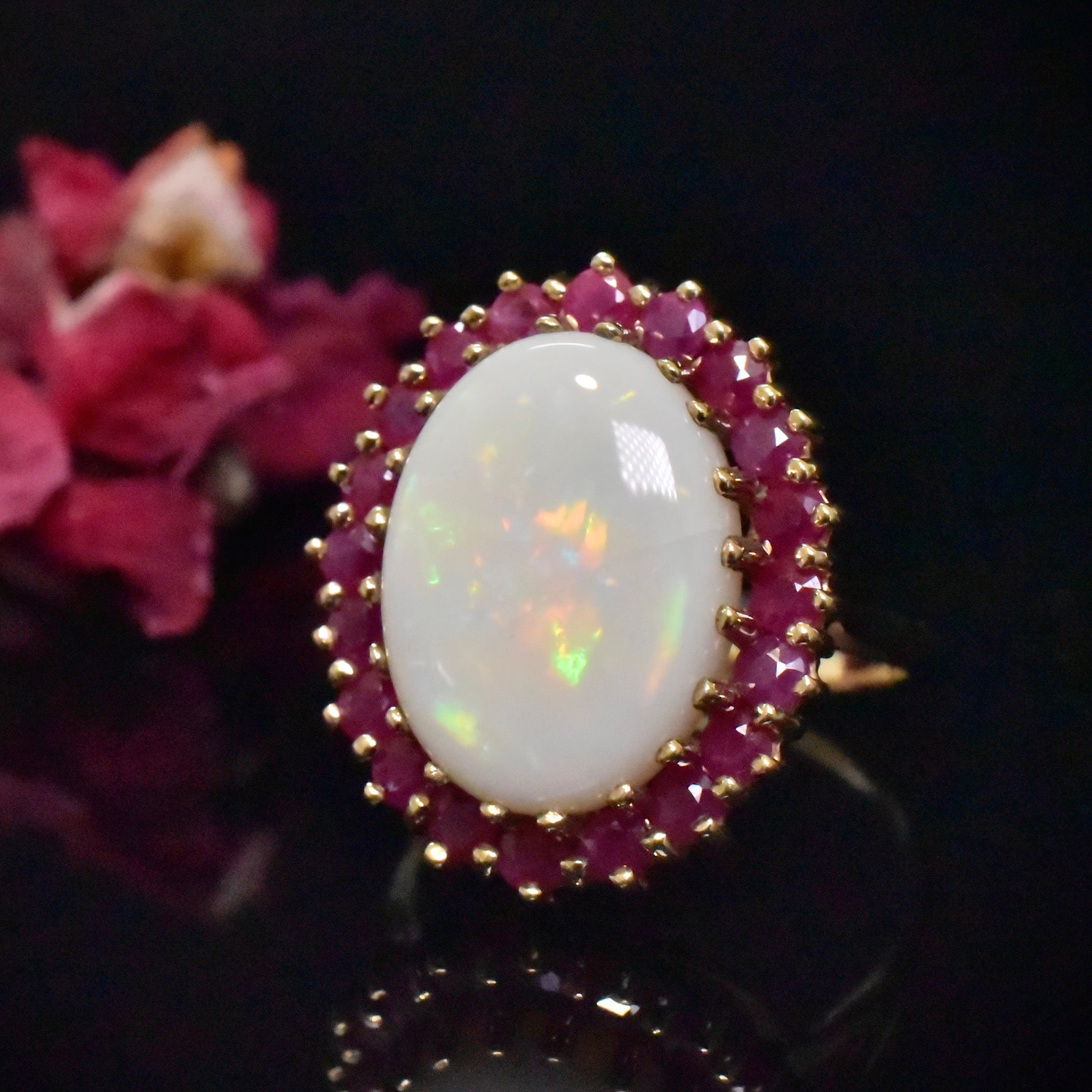 Modern 9ct Yellow Gold Solid White Opal And Ruby Halo Ring  