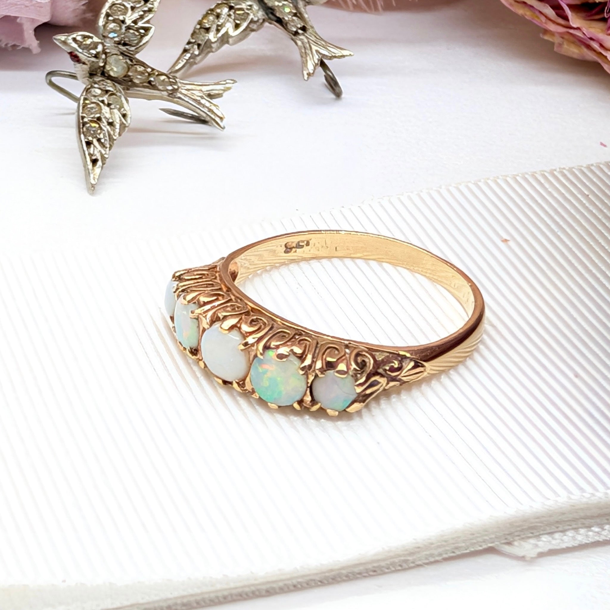 Antique Style 9ct Rose Gold Solid Opal Half Hoop Ring