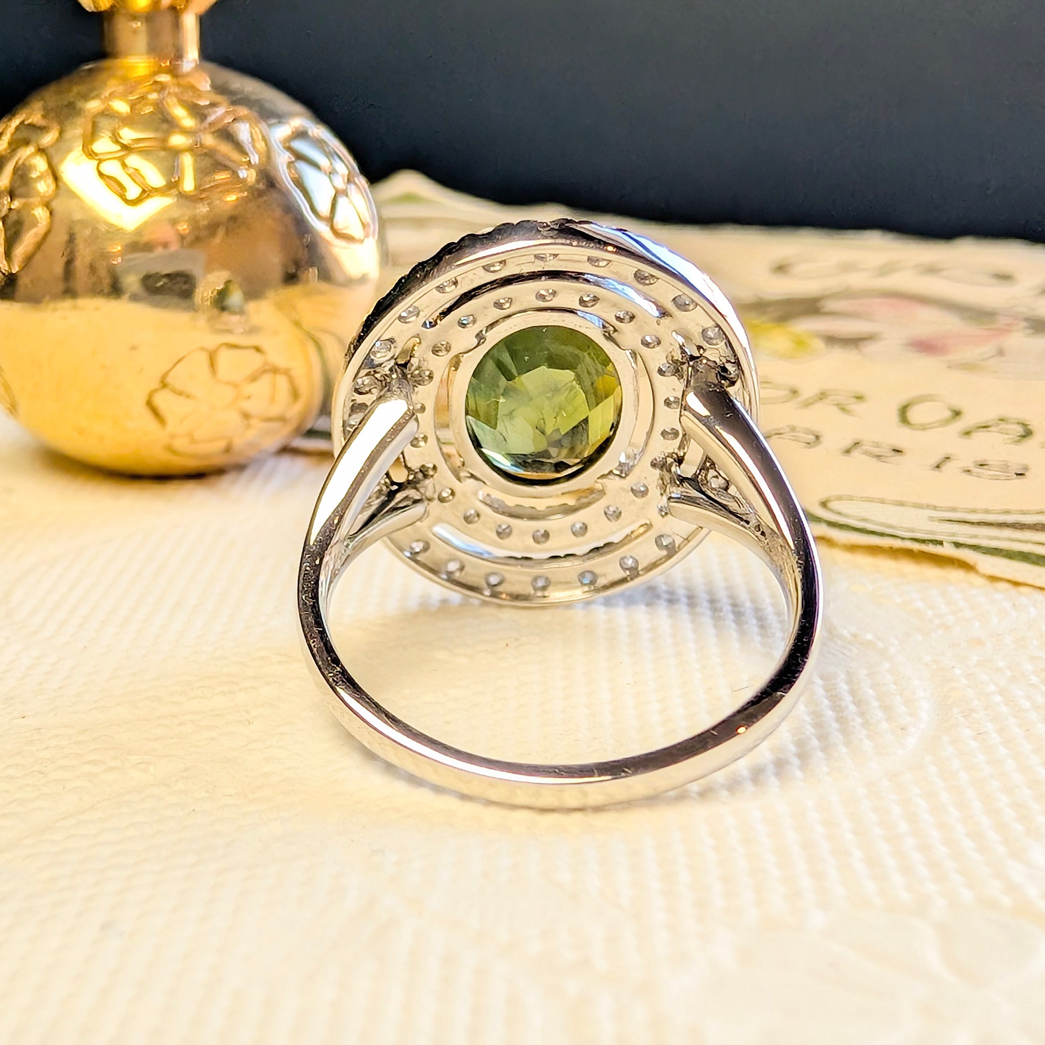Stunning Contemporary 14ct White Gold Green Sapphire & Diamond Double Halo Ring. Independent Gemmological Valuation included $16,100 AUD